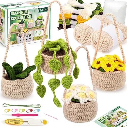 Karsspor Crochet Kit for Beginners - 4 PCS Hanging Potted Plants, Beginner Crochet Kit for Adults, Crochet Starter Kit, Crocheting Knitting Kit with Step-by-Step Video Tutorials(Patent Product) - 4 PCS Hanging Potted Plants