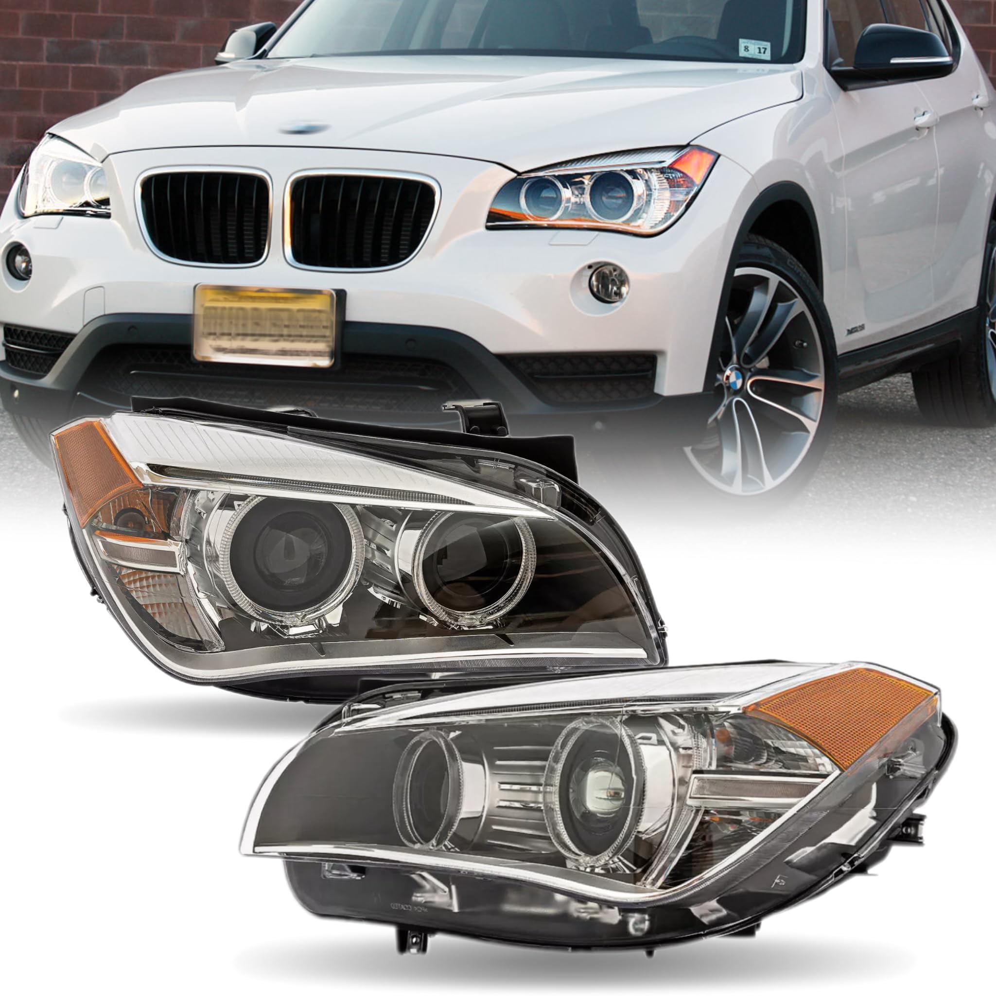 XIJIE Headlights Headlamps Assembly Compatible With 2013 2014 2015 BMW X1 E84 sDrive28i/ M/Sport HID/Xenon w/LED DRL W/o AFS Driver's Left Side and Passenger's Right Side Black Housing Clear Lens
