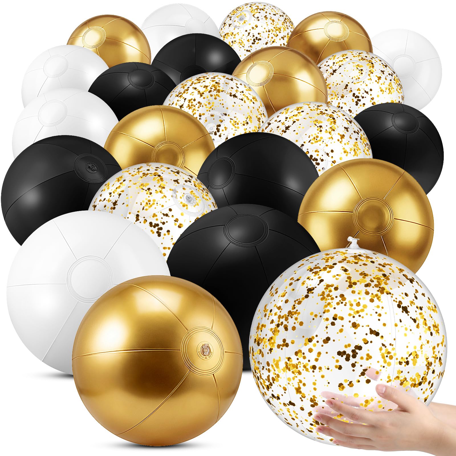 Vertintong 24 Pcs 16 Inch Inflatable Beach Balls Bulk Black and Gold Glitter Beach Balls Jumbo Big Water Activities for Swimming Pool Summer Wedding Outdoor Party Favors