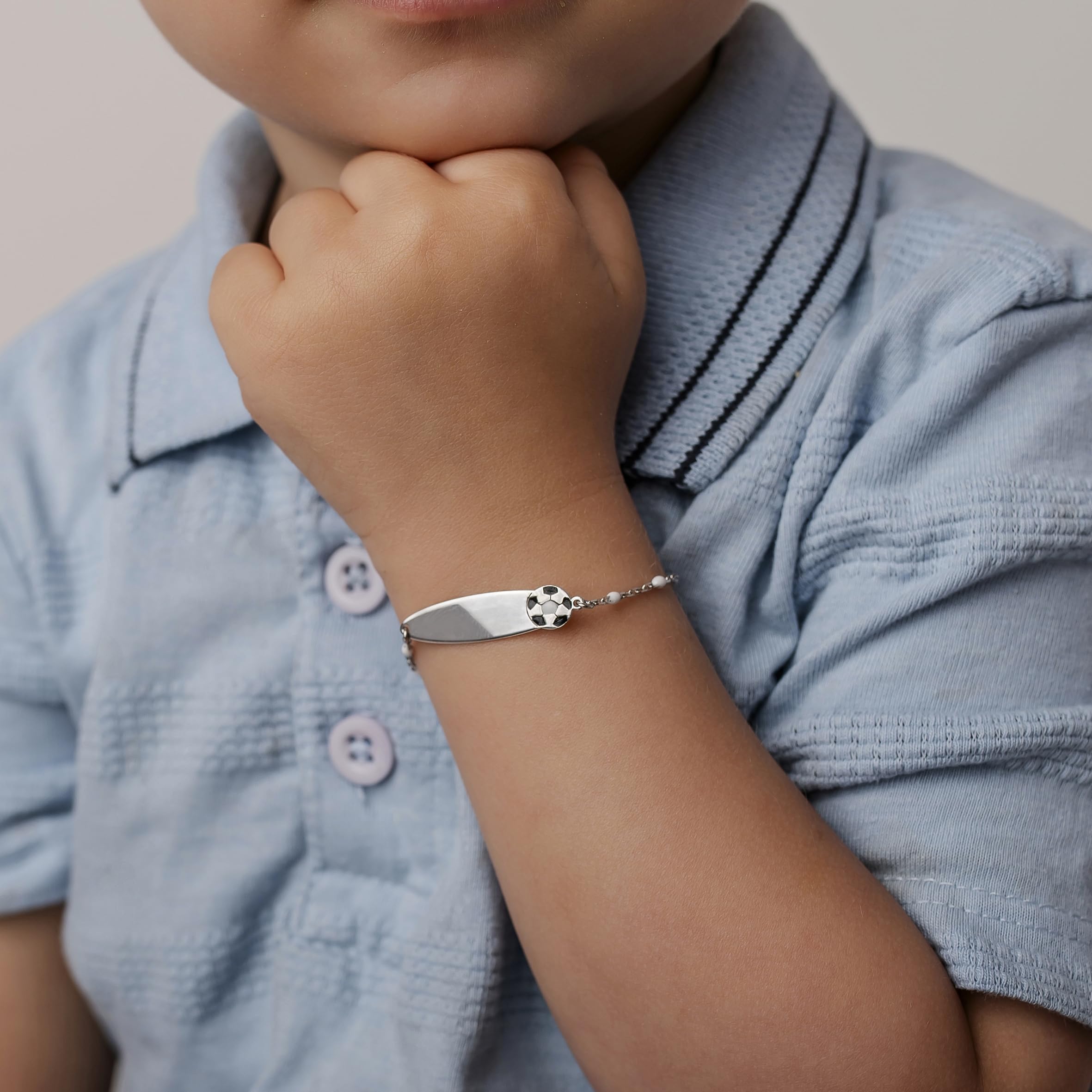 Bracciale Rosary in Argento 925 con Pallone da Calcio e Piastrina Incidibile per Bambini Kids Collection + Confezione Regalo Personalizzata - Braccialetto per Nascita Comunione Battesimo Compleanno