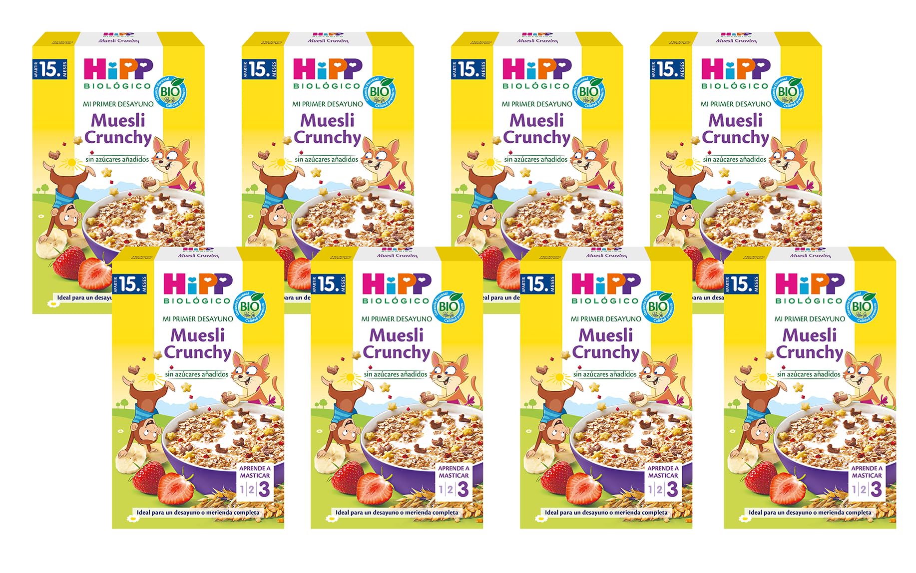 HiPP Biológico – Pack 8 Muesli Crunchy BIO Mi Primer Desayuno – Cereales Integrales con Frutas – Sin Azúcares Añadidos – Desde 15 Meses – 8 × 200 g