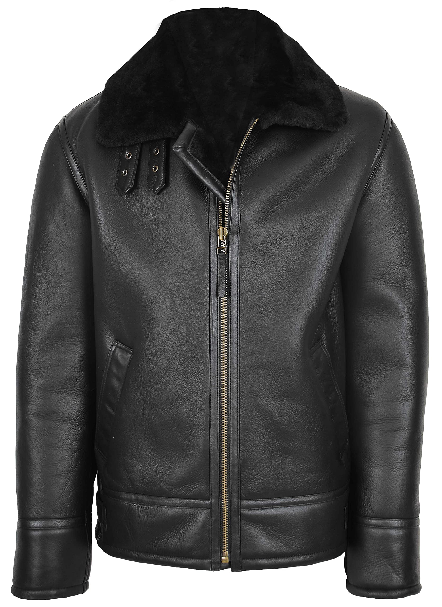 Mens Shearling Aviator Leather Jacket Sheepskin Coat Oscar Black