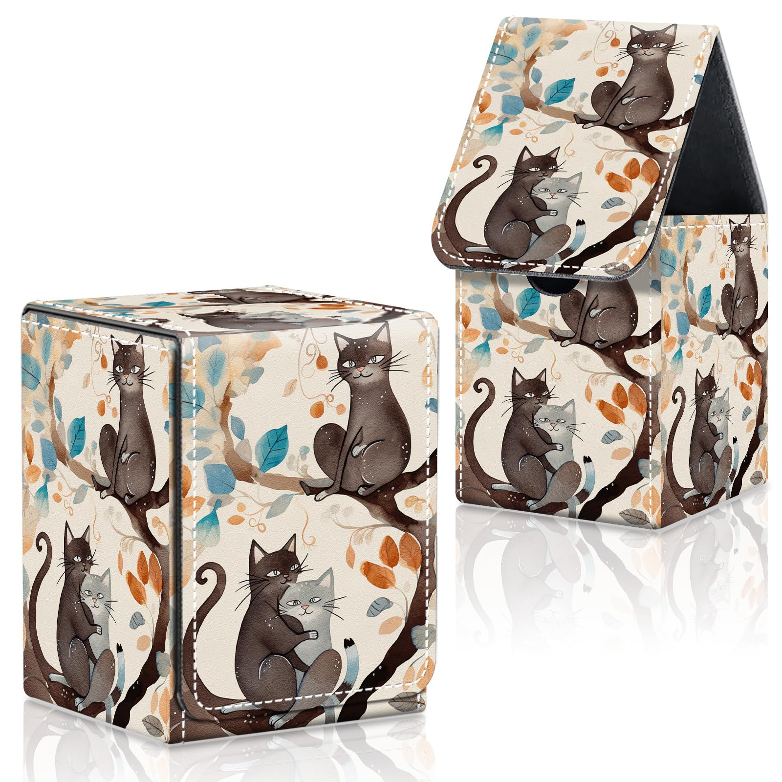 CAPAUNVDA Card Deck Box for MTG Commander Trading Cards with Magnetic Closure,Premium Card Storage Box Case Cover for MTG TCG CCG Magic Cards,Cats on Tree