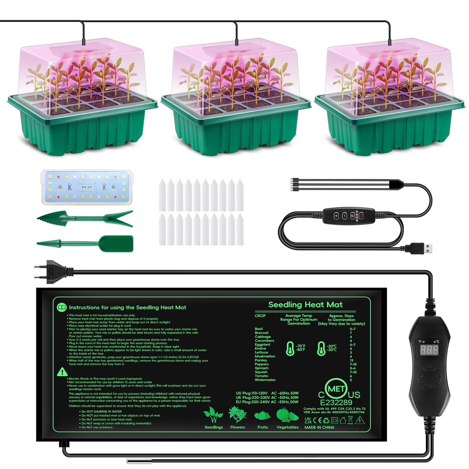 Verdenu Mini Serre pour Plantes avec Lampes de Culture, Tapis Chauffant avec Thermostat, Bac à Semis à 36 cellules avec dôme d'humidité, 3 Modes d'éclairage, Mini Serre Interieur Réutilisable