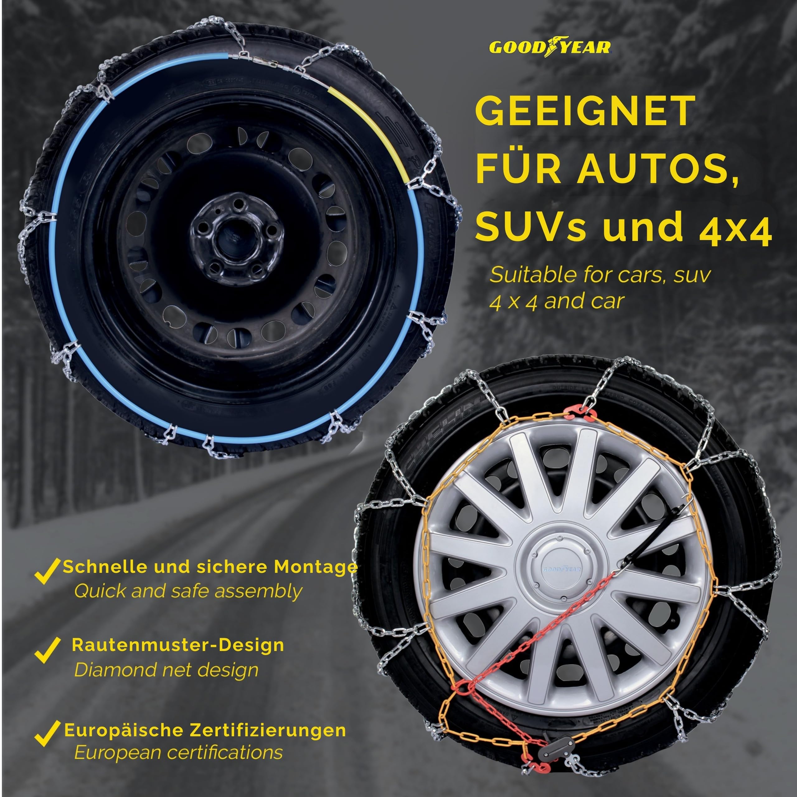 Goodyear 77932 Schneeketten 12 mm für SUV, Lieferwagen und Wohnmobil mit Selbstspannsystem, Größe 230