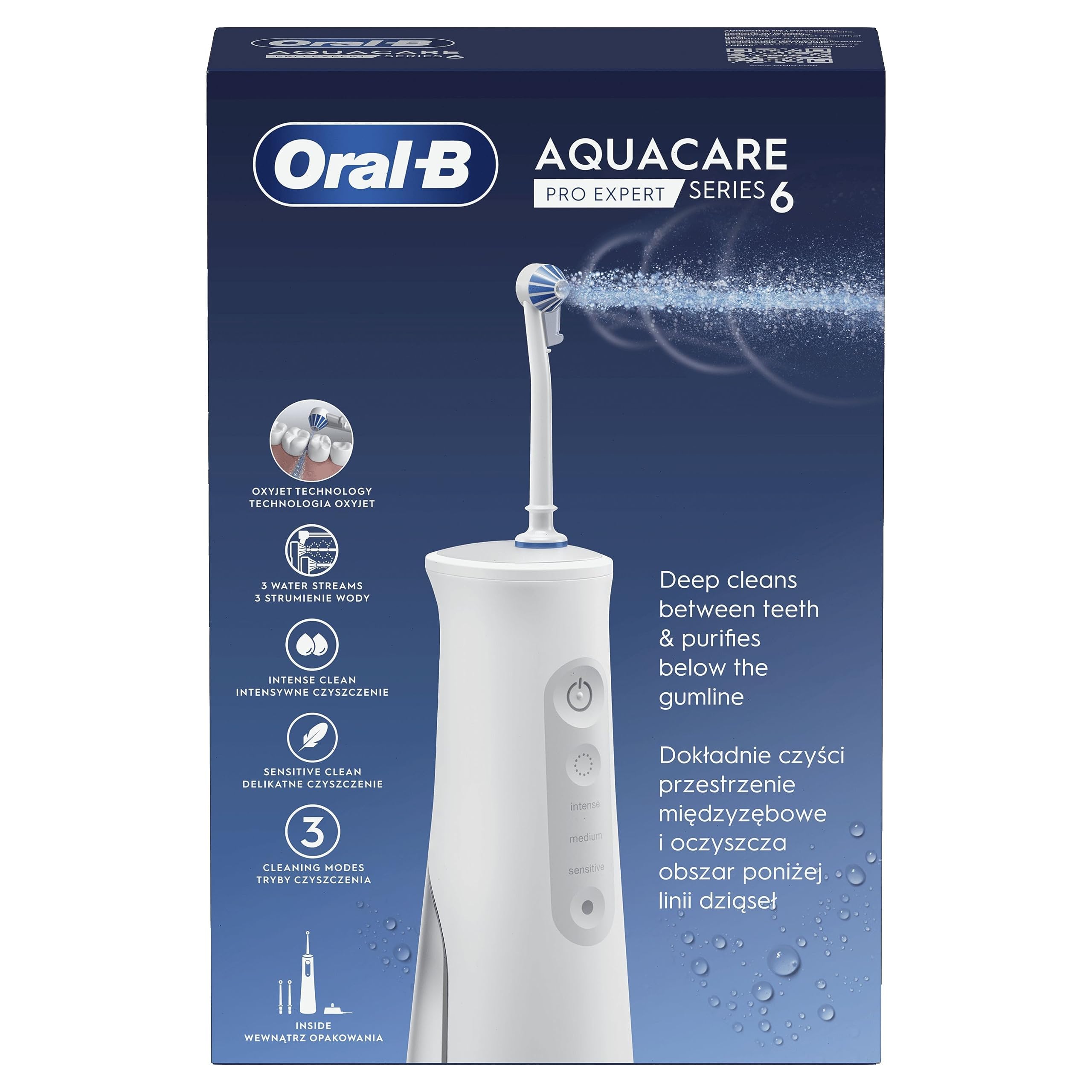 Oral-​B AquaCare Pro-​Expert Série 6 Irrigateur avec Technologie Oxyjet, 3 Embouts, 2 Types De Flux D'eau, Blanc