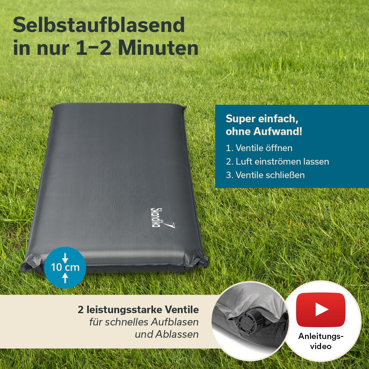 Skandika Premium Easy Isomatte Single/Double 3D | 10 cm dick, selbstaufblasend, leicht, faltbar, selbstfüllender Schaumstoff, Gästematratze, Luftmatratze | Camping, Outdoor, Zelt, Auto