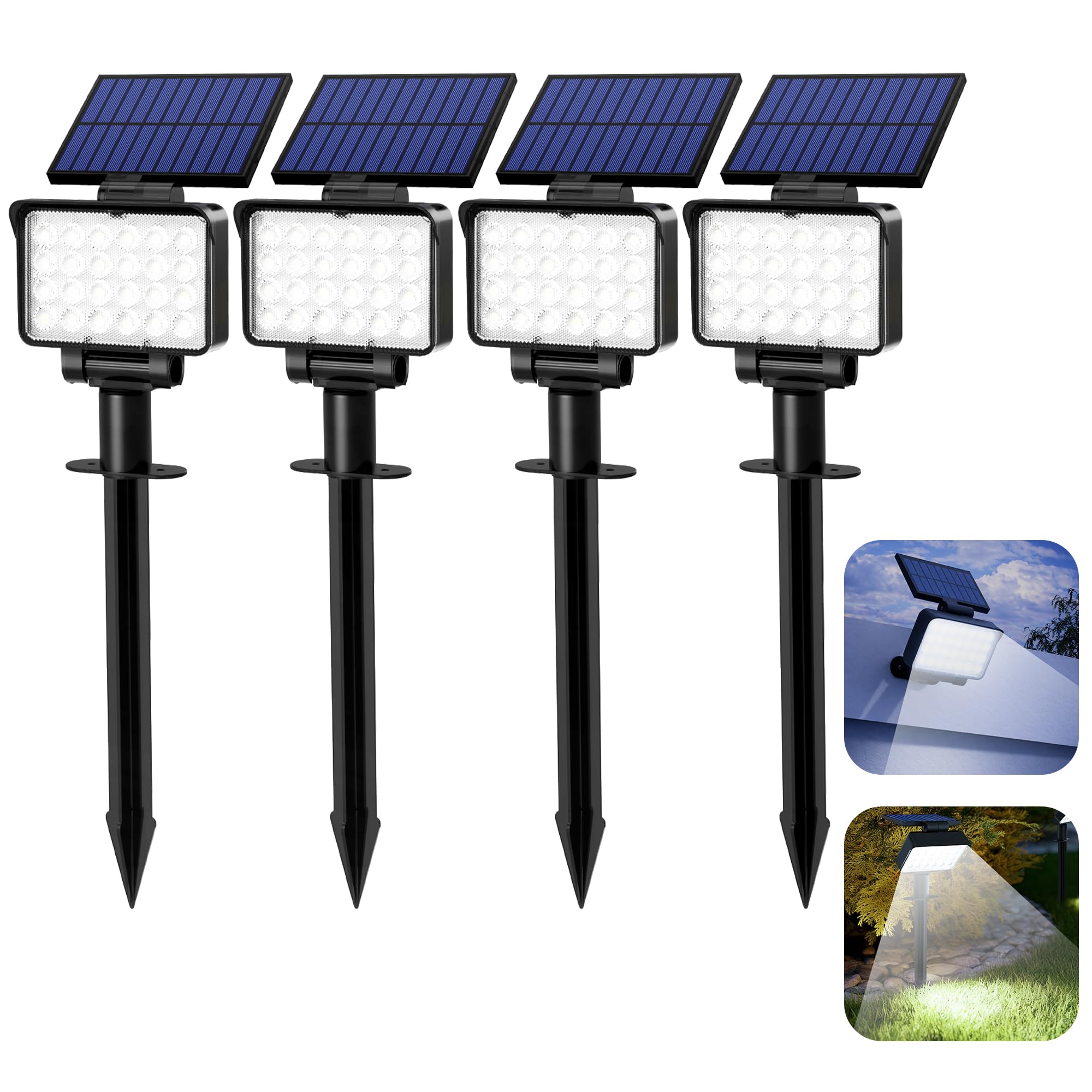 Solpex Lot de 4 Spots Solaires d'extérieur, Projecteurs Solaires,IP65 étanches à 24 LED Lampes solaires pour Chemins, extérieur Jardins, Clôtures (Blancs)