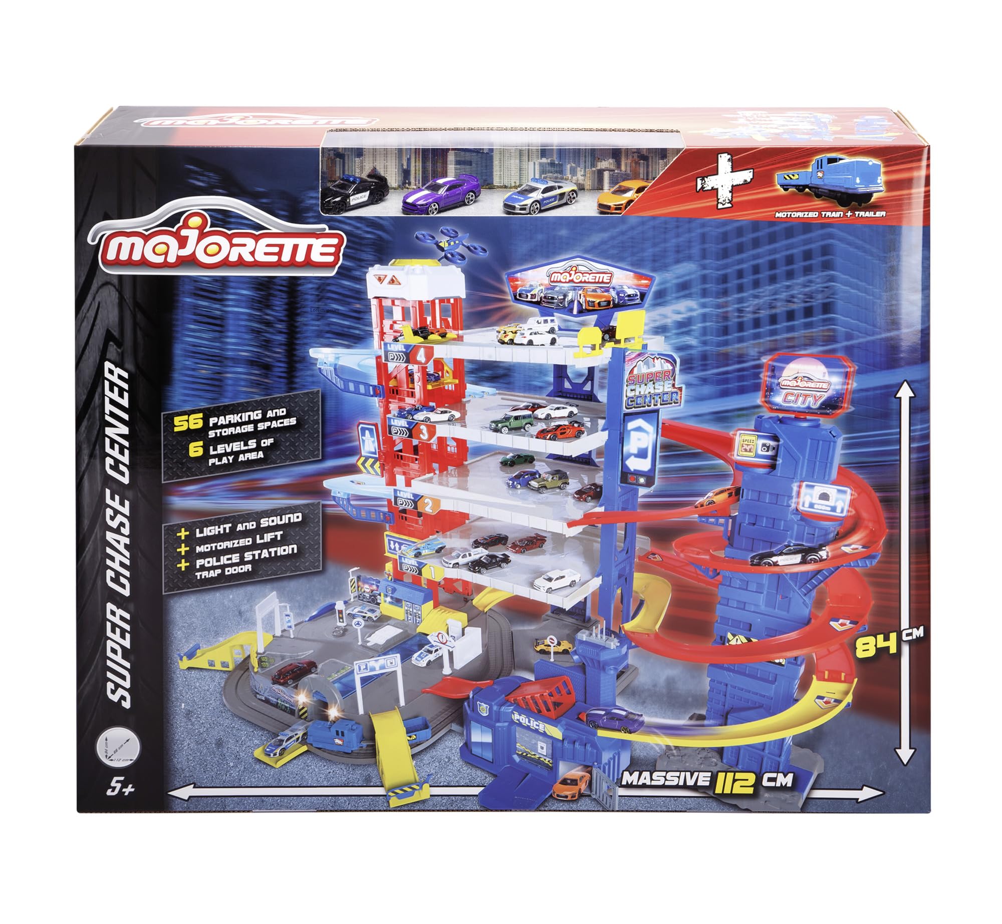 Majorette – Super Chase Center - Parking de 6 Pisos, con persecución, Garaje para niños a Partir de 5 años, Incluye Coches de Juguete, Tren, Ascensor, luz y Sonido, Negro