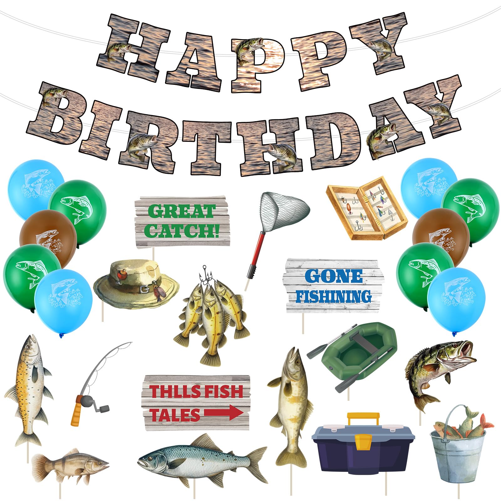 42pcs Fishing Birthday Party Decorations Gone Fishing Party Banner Balloon Photo Booth Supplies for Fish Theme Birthday Baby Shower VBS Favors