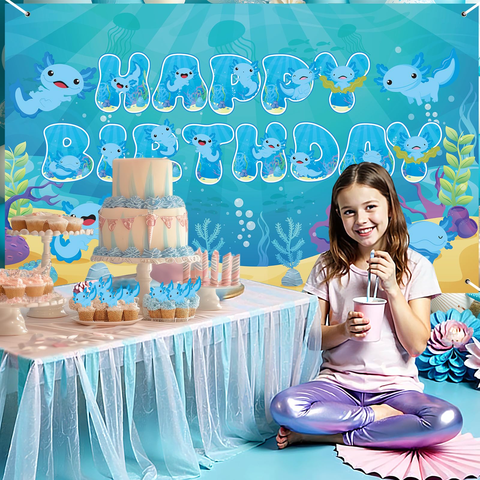 Balterever Axolotl Happy Birthday Banner & Garland - Kids Birthday Party Decorations, 1st 2nd 3rd Birthday - View #5