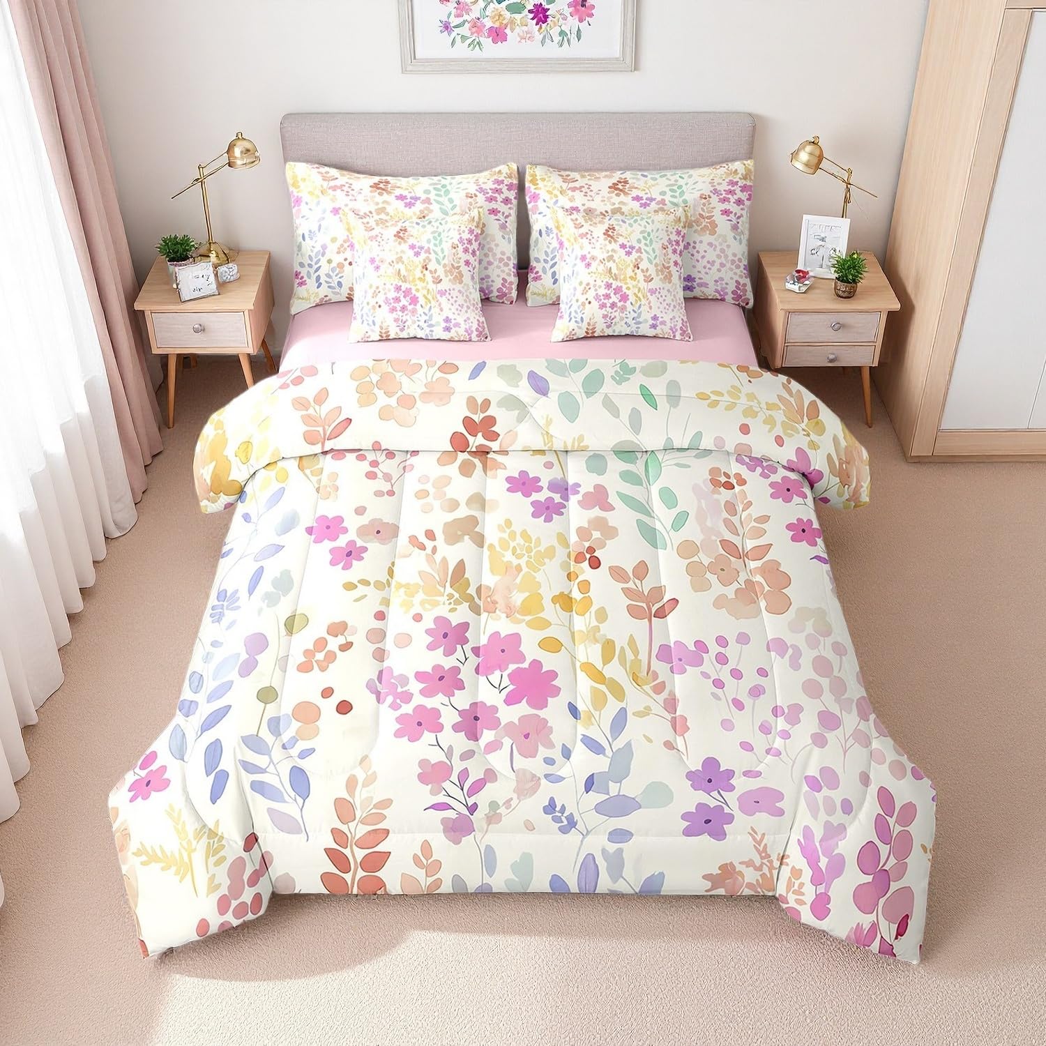 Erosebridal Juego de Cama matrimonial de 7 Piezas con diseño Floral Rosa en una Bolsa, Juego de edredón Bohemio de Flores arcoíris con sábanas para niños, niñas y Mujeres, Juego de Ropa de Cama de