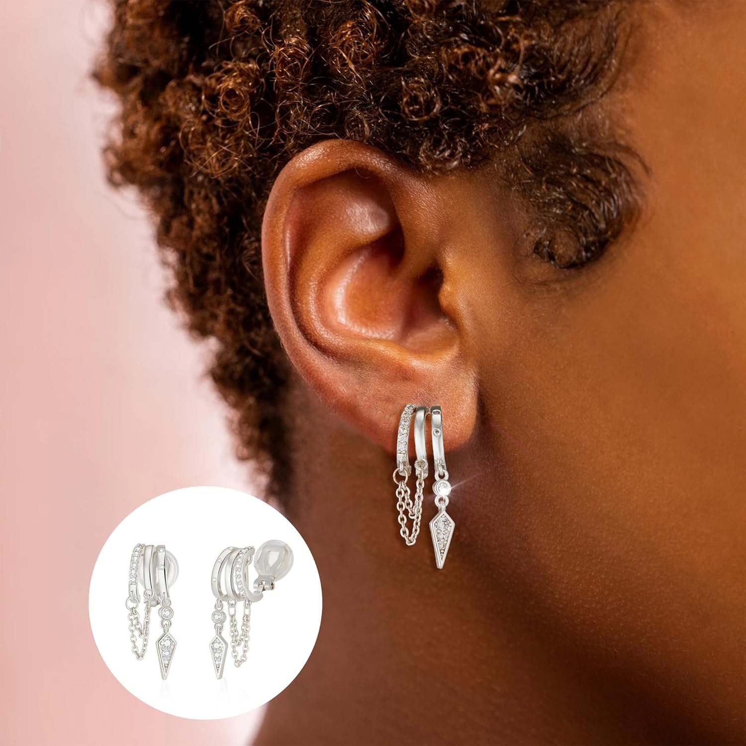 Clip On Earrings for Women Chain Moon Star Cross Hoop Dangle Earring No-Pierced Gold Silver - Image 2