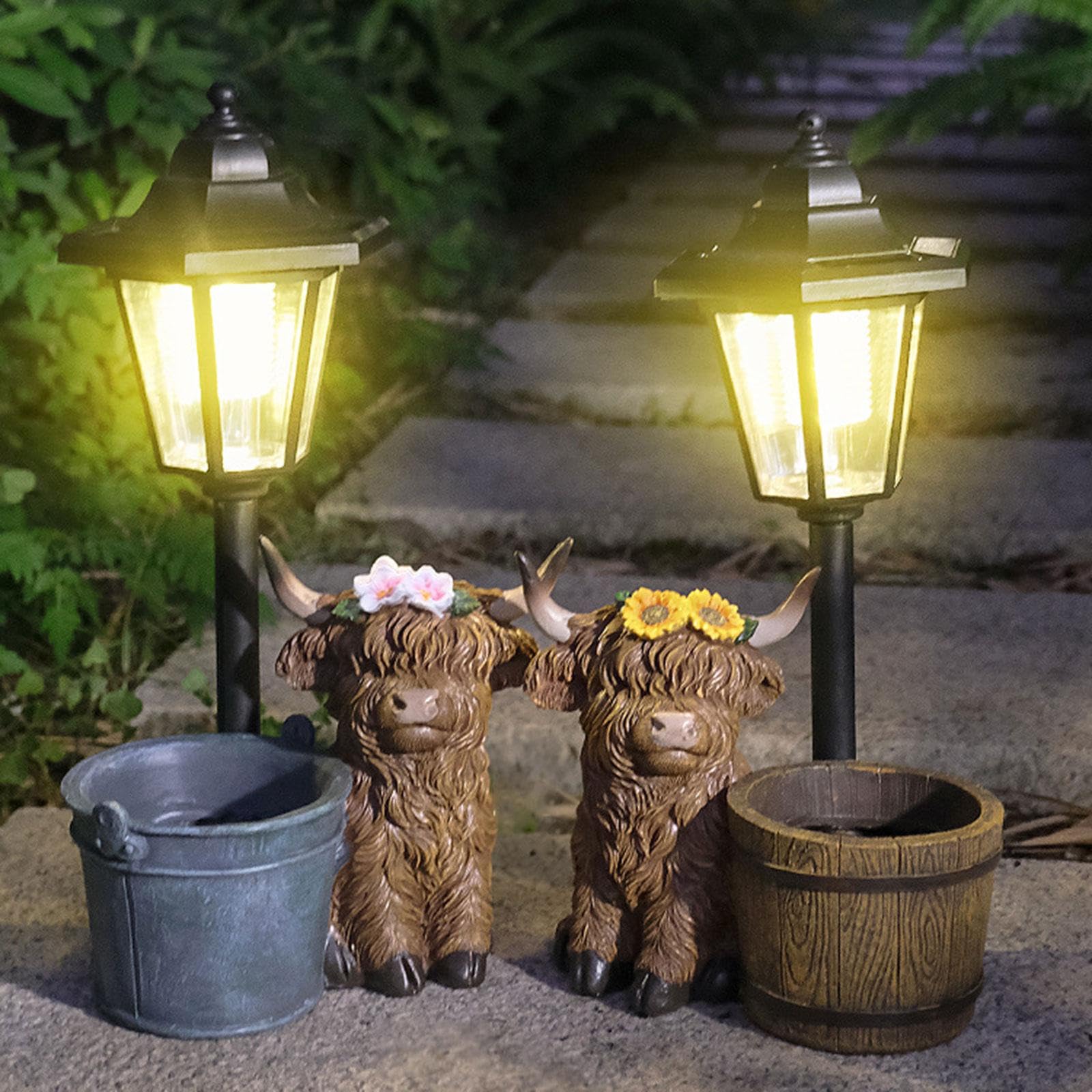 Statua Decorativa di Mucca con Luci Solari, Lampada da Giardino Moderna, Scultura Animale per Cortile, Cortile E Giardino, Secchio di Legno