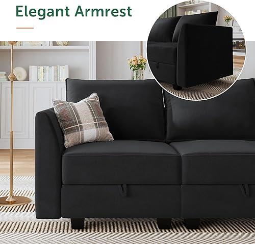 Miniatura 9 de HONBAY Sofá modular modular de terciopelo en forma de U con otomanas, sofá modular convertible de 7 plazas con asiento de almacenamiento, color negro