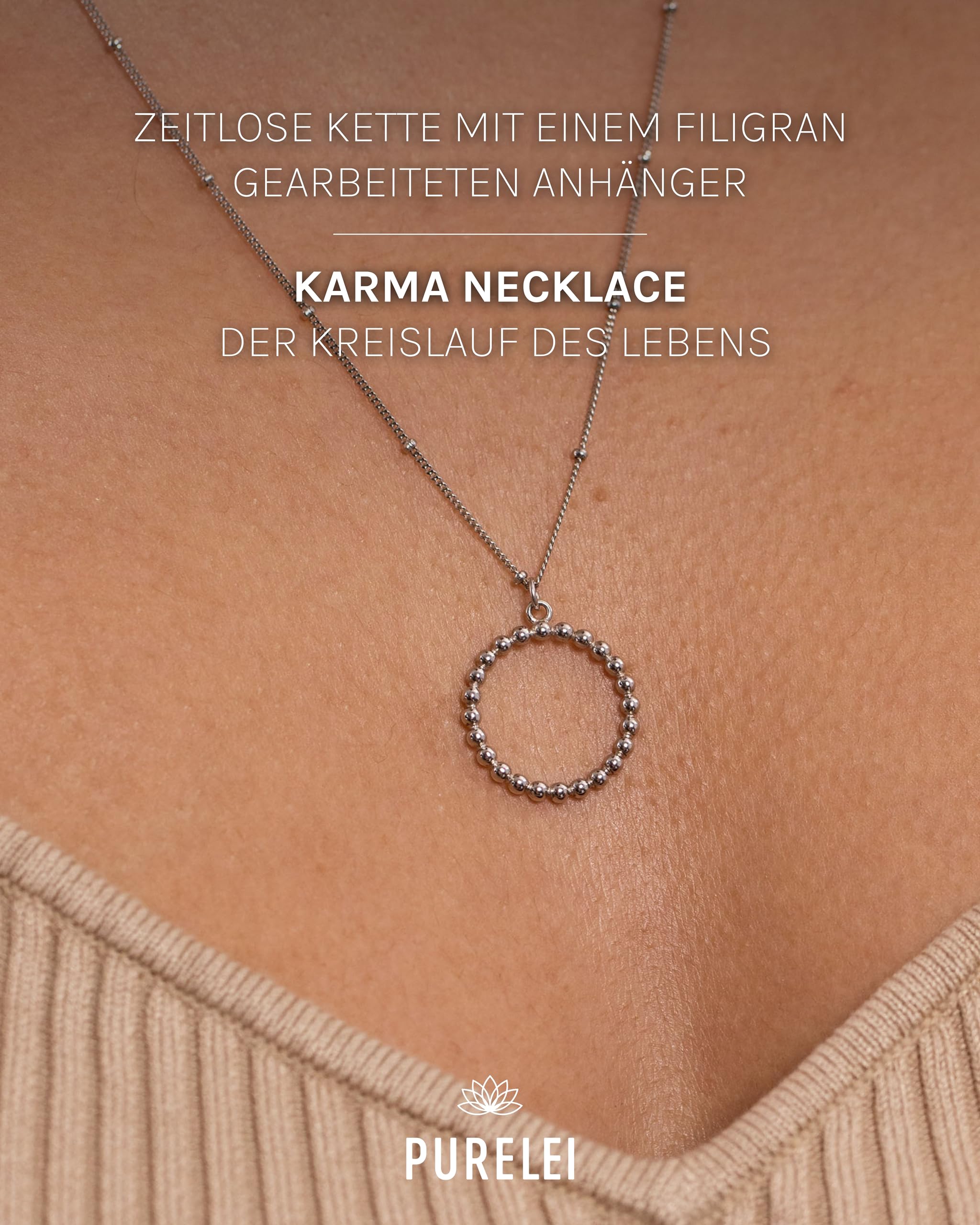 Purelei Karma łańcuszek (złoty, srebrny, różowe złoto), damski naszyjnik z trwałej stali nierdzewnej, wodoodporna biżuteria z zawieszką „karma”, regulowana długość 50-55 cm, materiał