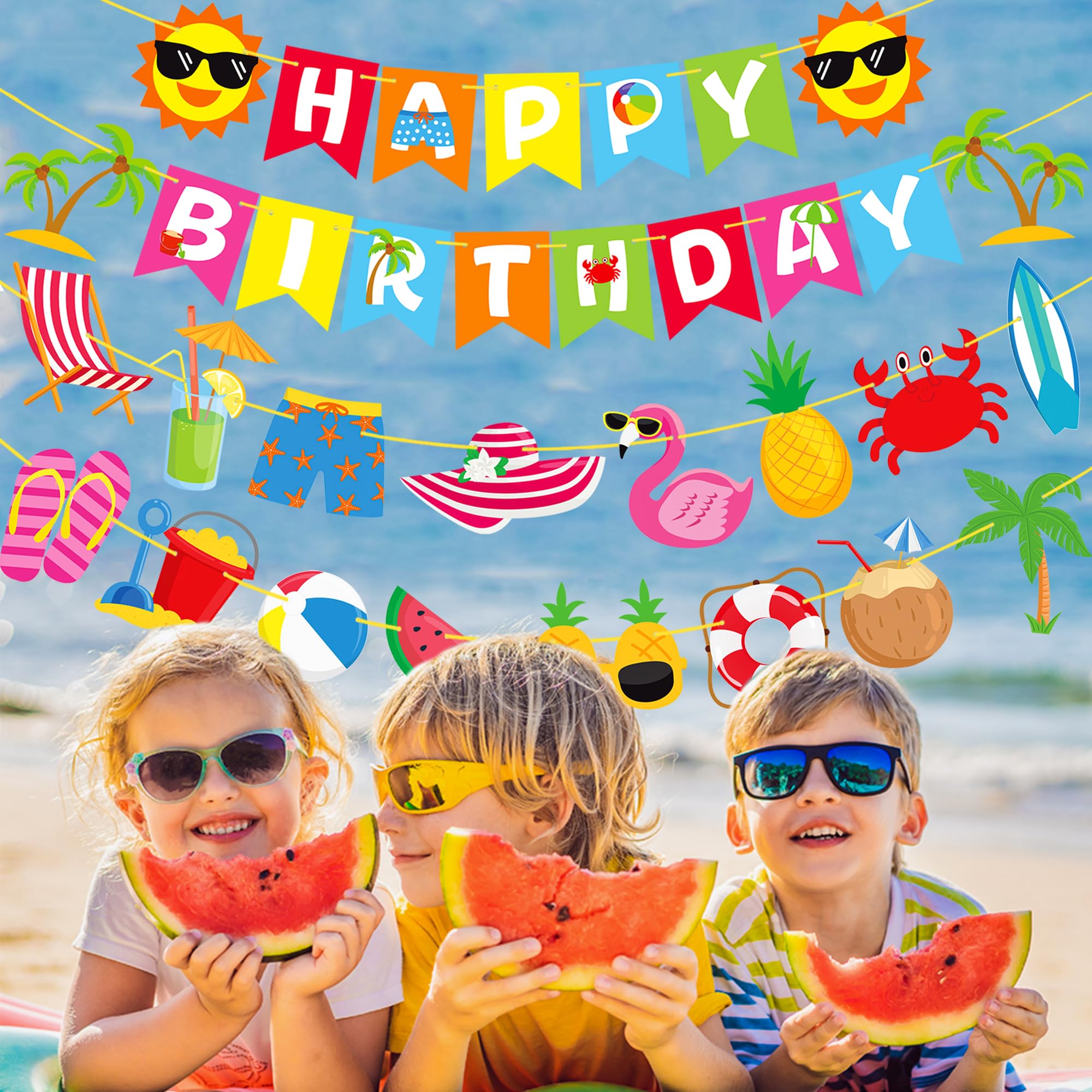 Pancarta de cumpleaños de playa, decoración de fiesta de cumpleaños, 4 piezas, suministros de fiesta de playa hawaiana de verano, playa, piscina, fiesta, feliz cumpleaños, pancarta para fiesta de bebé
