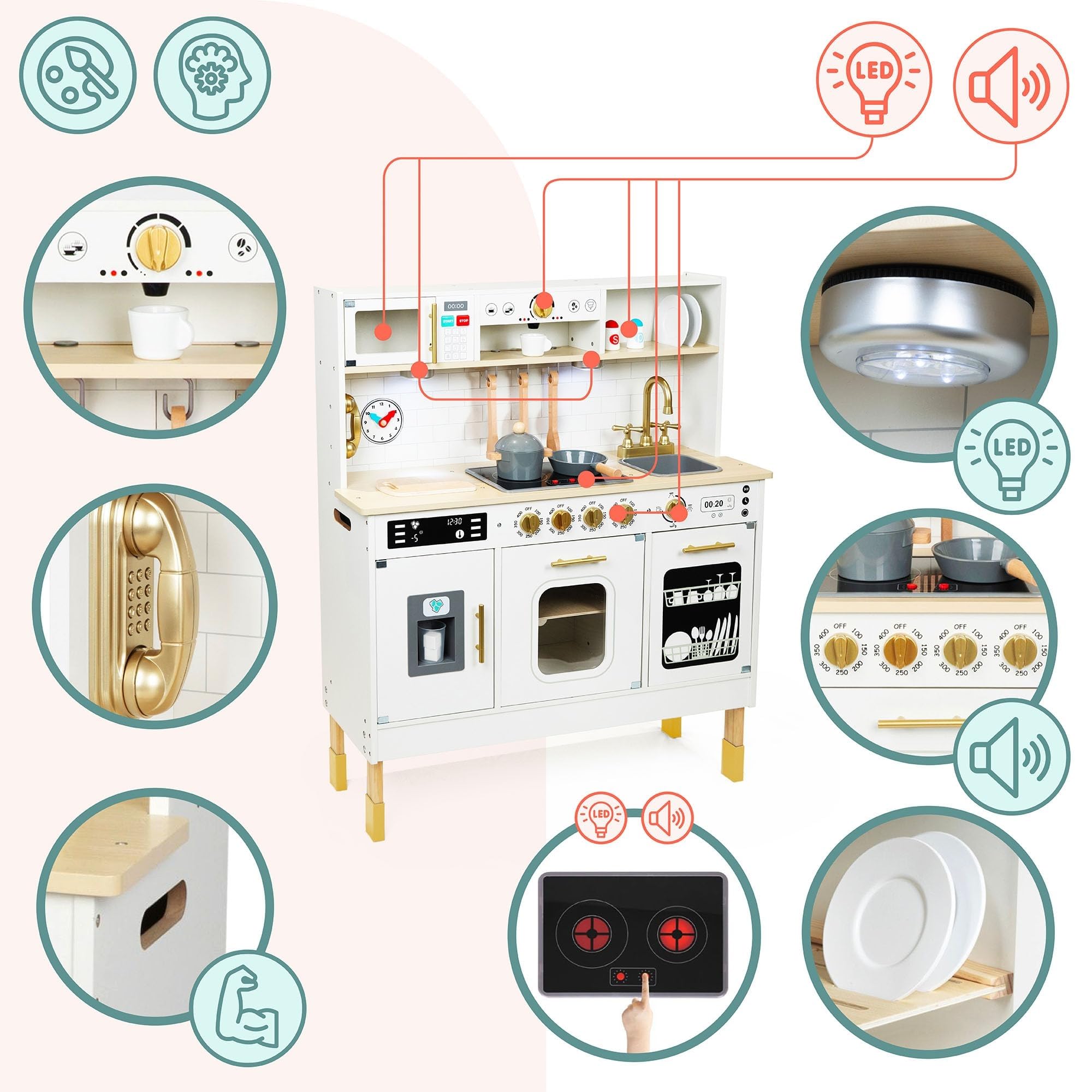 Mamabrum Cocina de Juguete para Niños de Madera con Luces LED - Juguetes Cocina Niños Interactiva con Altura Ajustable - Incluye Microondas, Lavavajillas y Accesorios - 104cm