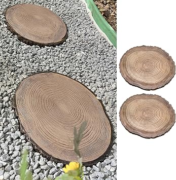 Round Decorative Wood Effect Stepping Stone, Outside Log Texture Paving Stones Kits, Rustic Dimensional Foot Stone for Garden Pathway, Flower Bed, 2 Pack