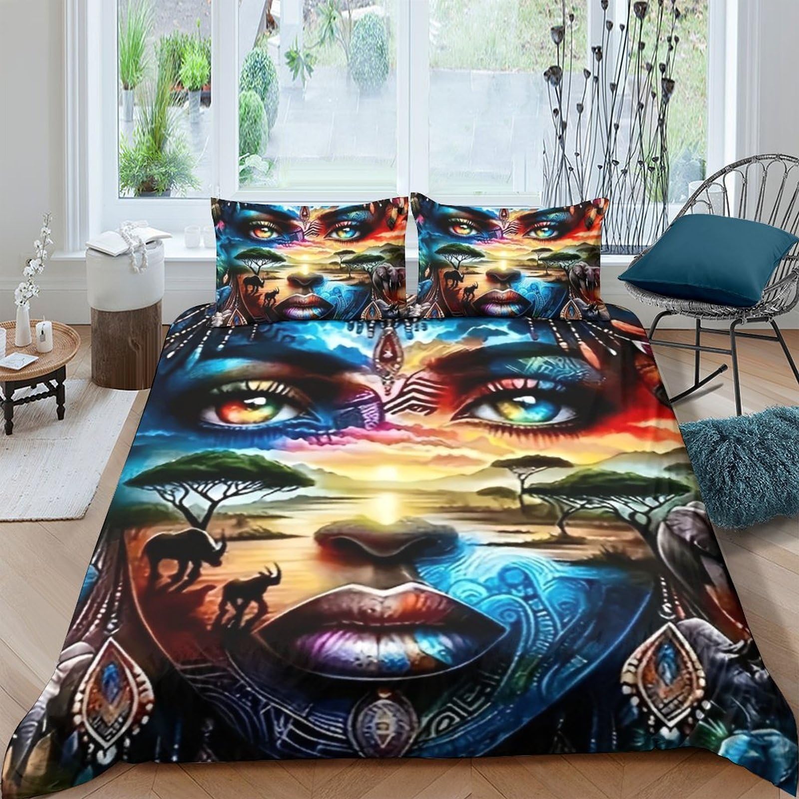 Tyuiopasdfg Colorful-6 Art Lover African Face Duvet Cover Set Microfiber 3 Piece Landscape Bedding Set Soft For Bedroom Double（200X200cm）