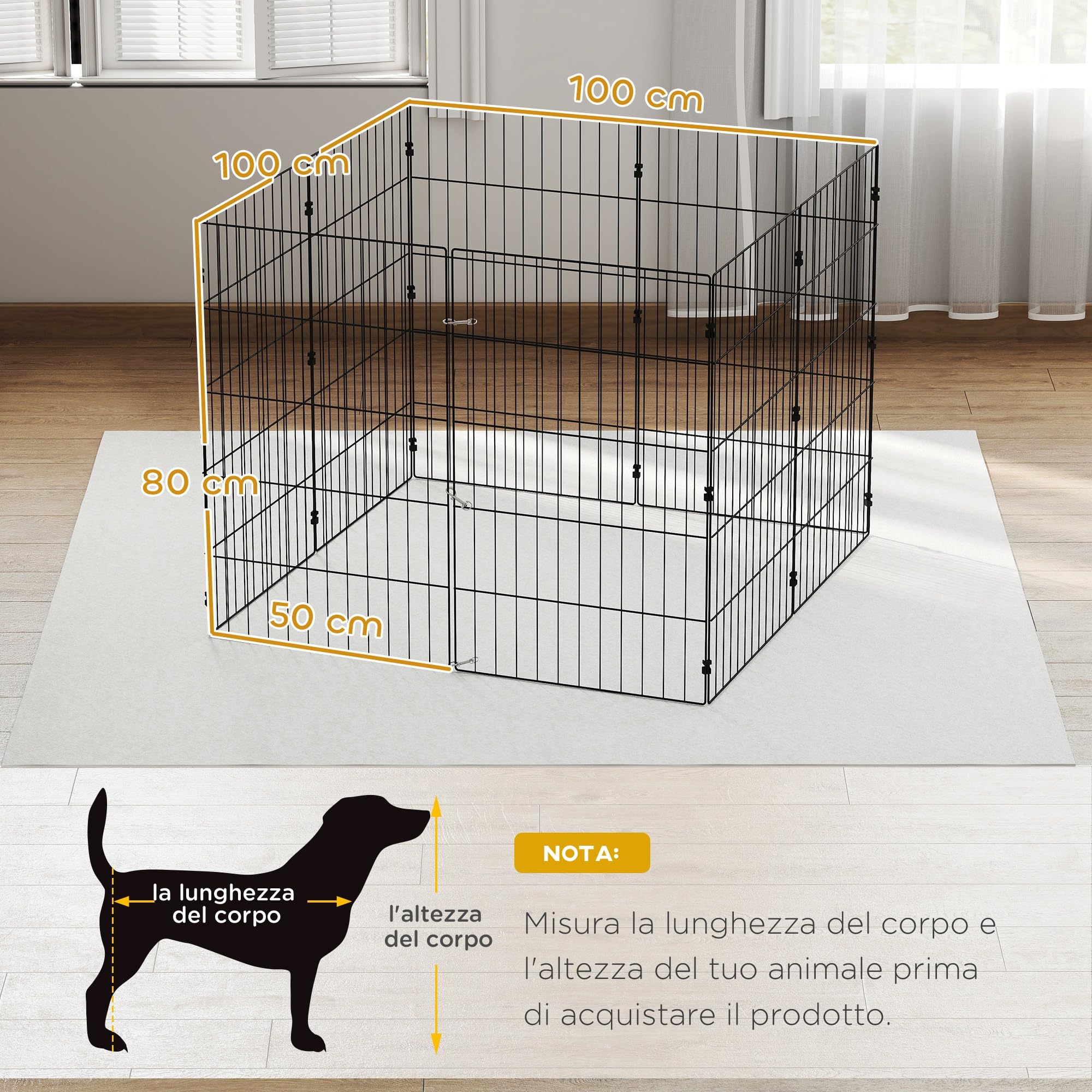 PawHut Recinto per Cani Pieghevole in Metallo, Recinto Espandibile per Animali con Picchetti per Interni ed Esterni, 50 x 80 cm, 8 Pannelli, Nero