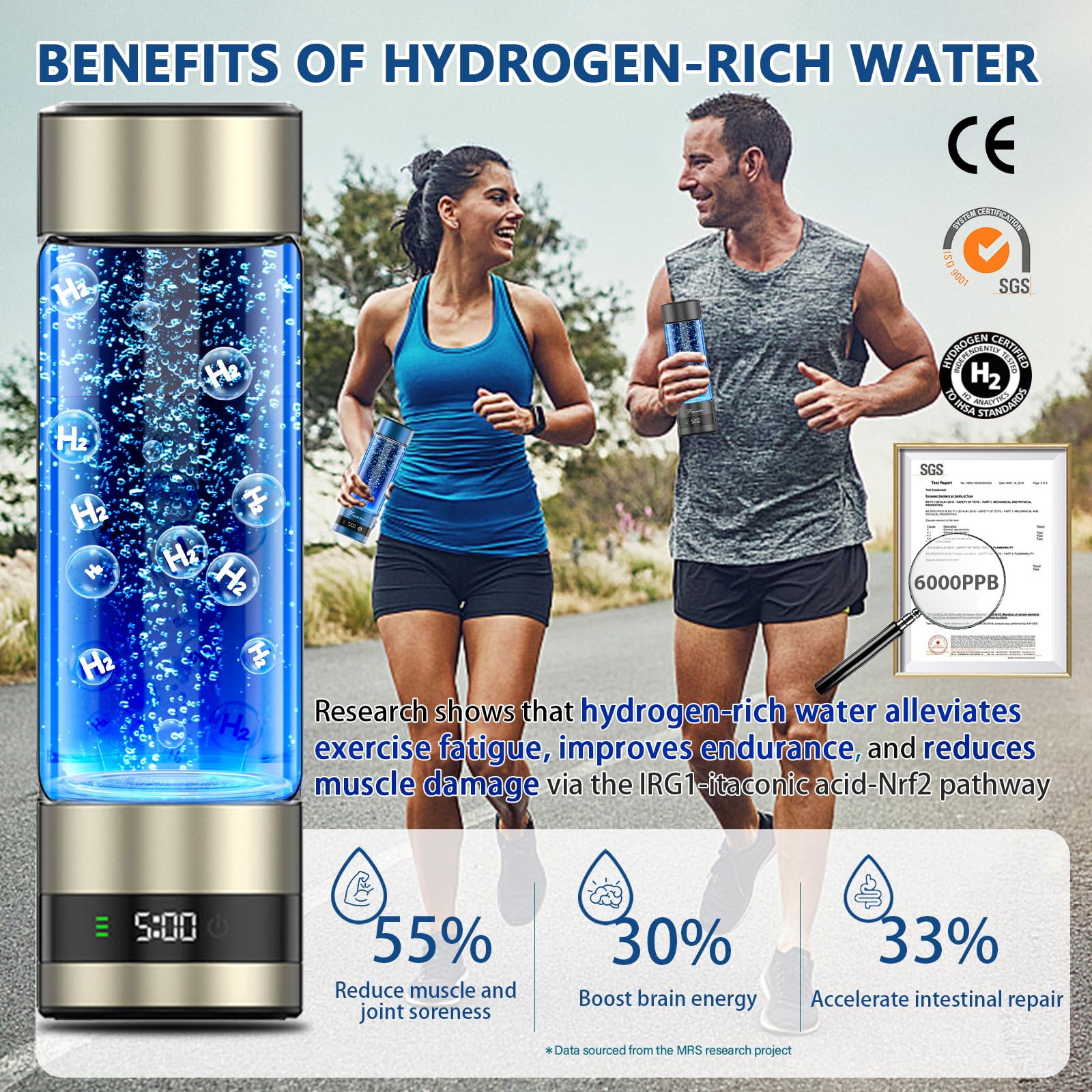 Botella de agua de hidrógeno, generador de botellas de agua de hidrógeno de hasta 6000 PPB, rendimiento atlético portátil y sistema de hidratación, regalo saludable para familiares, amigos, clientes