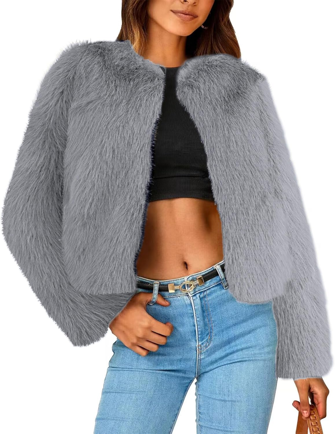 Simplee Women's Faux Fur Coat Furry Cropped Jacket Long Sleeve Warm Open Front Fur Jackets