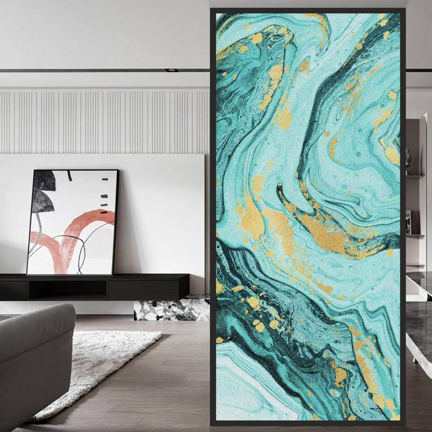 LiveInUrban Original Hand Drawn Marble Frosted Texture Privacy Window Film, Static Cling Double-Sided Glass Covering Decor for Bathroom Living Room, Agate Teal, 16.9