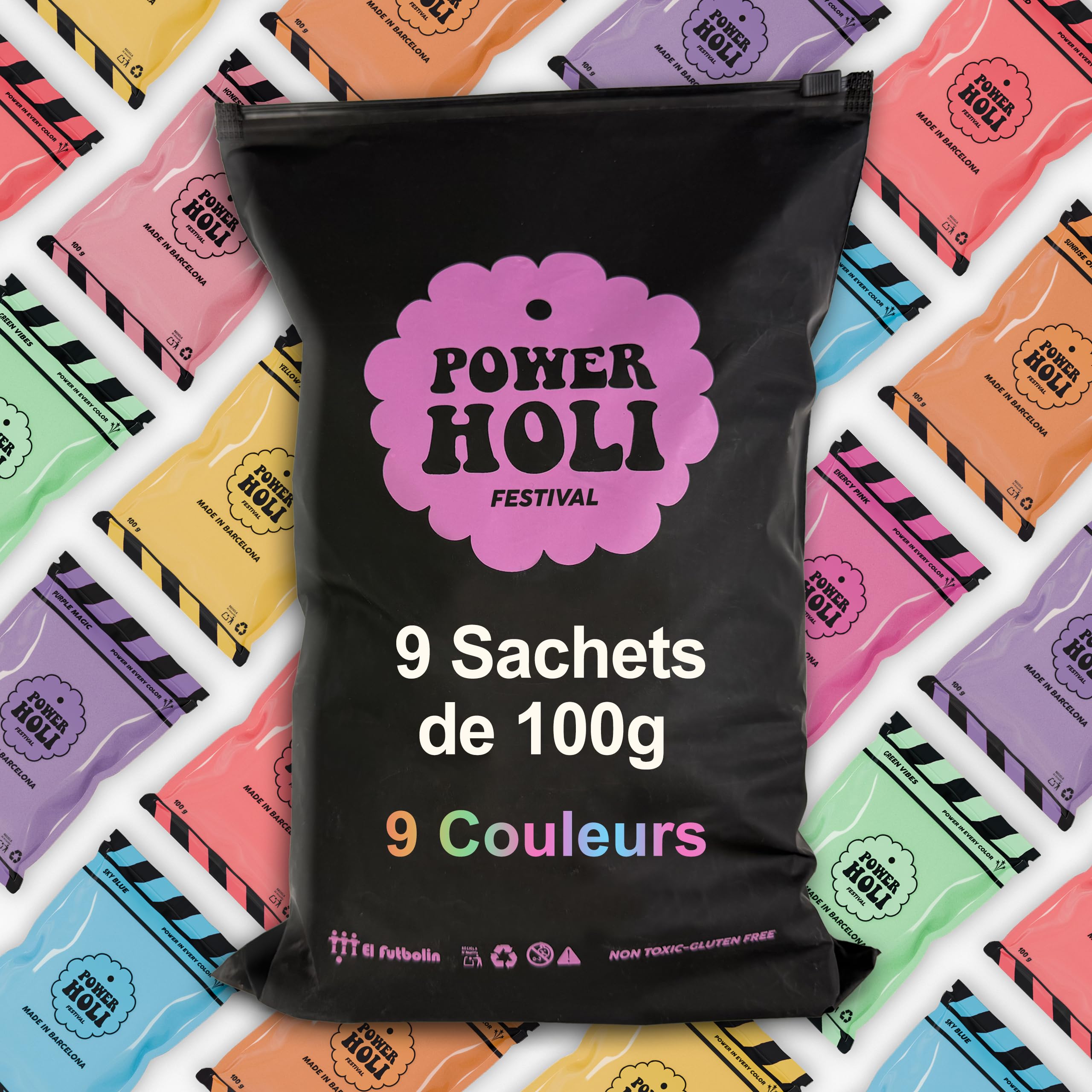POWER HOLI FESTIVAL-Poudre de Couleurs Holi Party | 9 Sachets Ouverture Facile de 100g | 9 Couleurs | Spécial Fêtes et Festivals | Photographie | Non Toxique | Sans Gluten | Fabriqué à Barcelone
