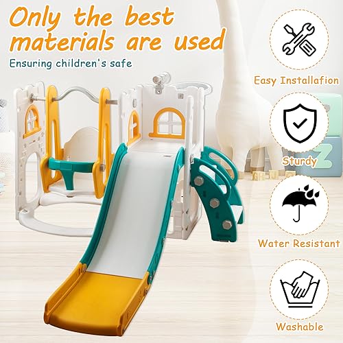 Miniatura 6 de Juego de tobogán y columpio 6 en 1 para niños pequeños, combo de tobogán y columpio con aro de baloncesto y telescopio, juego para niños pequeños