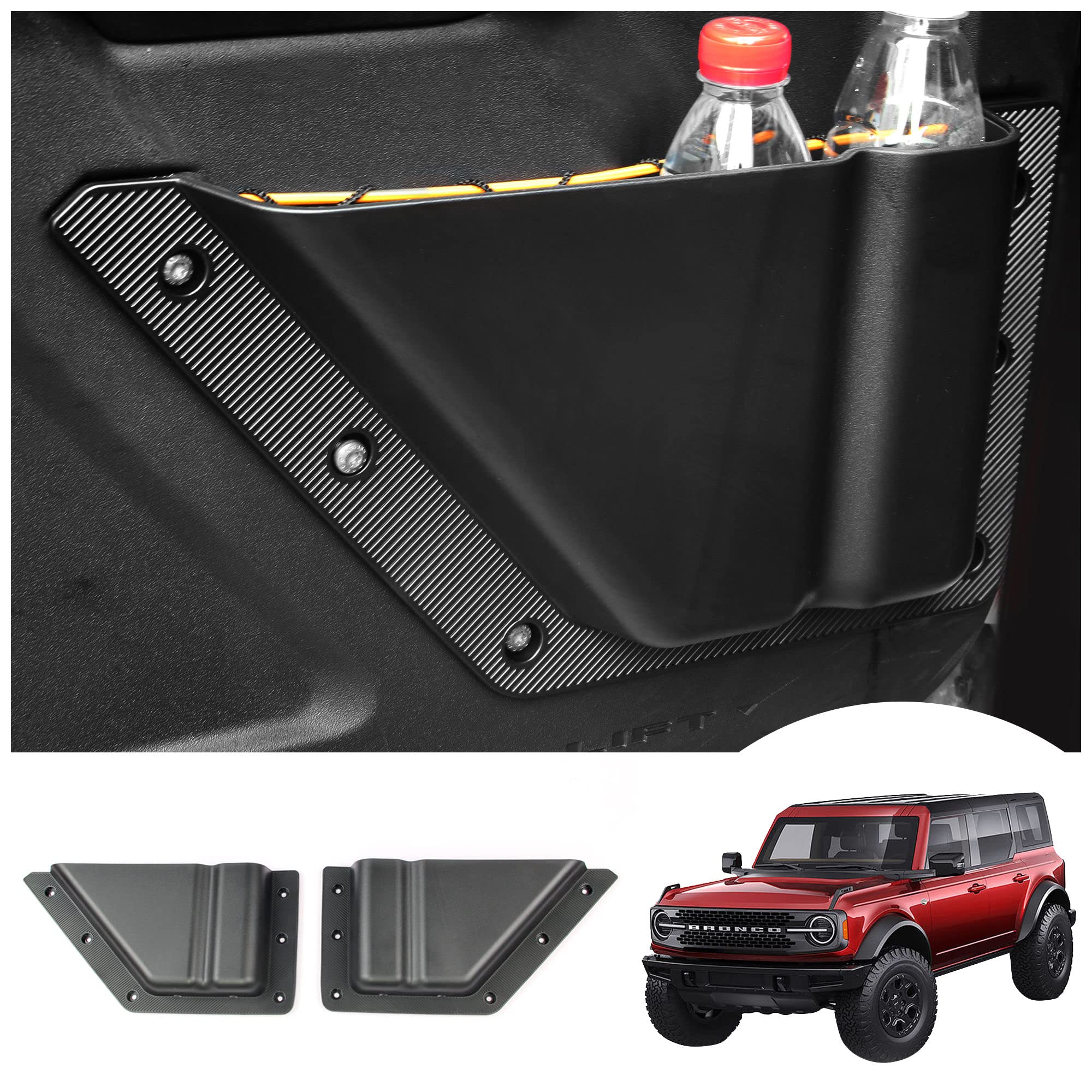 Photo 1 of Uilffur Front Door Storage Pockets for Ford Bronco Accessories 2021 2022 2023 2/4 Door, Side Door Organizer Cup Holder 1 Pair(Not for Bronco Sport)