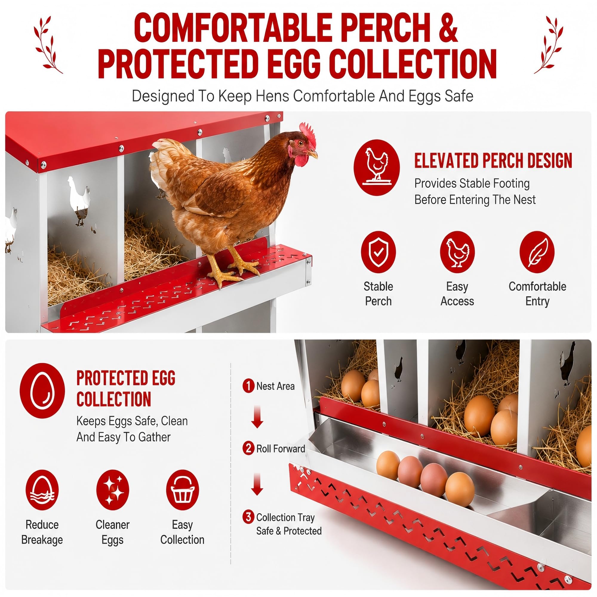 Garvee Caja Nido para Gallinas 8 Compartimentos, Nidal de Acero Galvanizado con Ventilación Lateral, Bandeja Extraíble