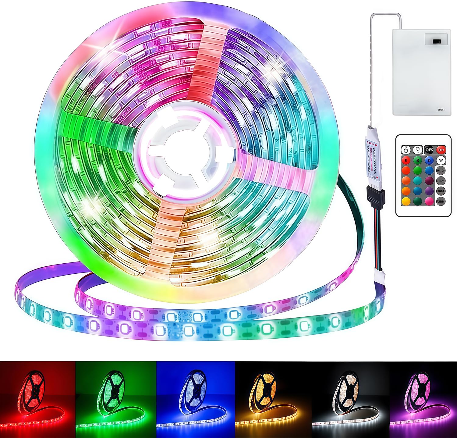 5 m LED Strip Battery, RGB 5050 Self-Adhesive, Strip Battery Operated or USB with Remote Dimmable 16 Colours, LED Strip with Remote Control for Cabinets, Stairs, Kitchen, Beds — image 1