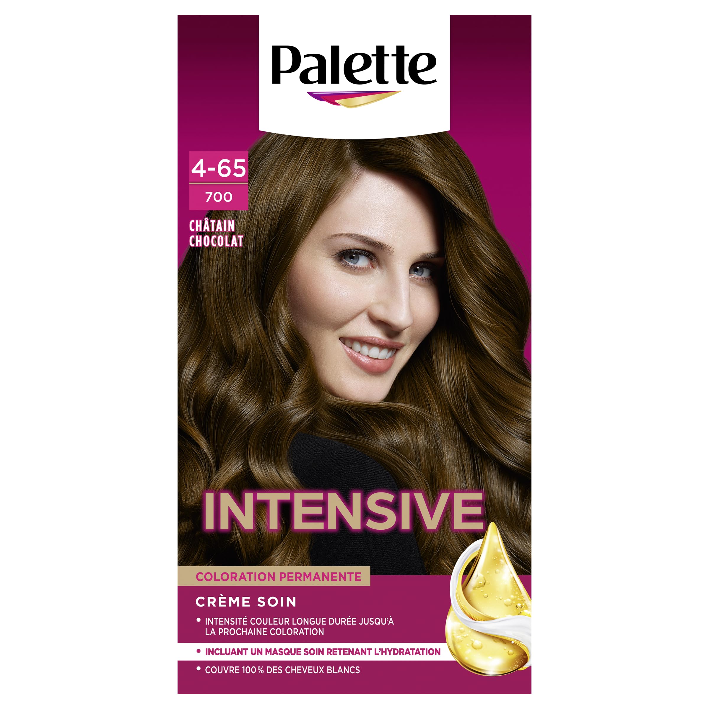 Palette, Palette, coloration permanente creme soin, couverture 100% cheveux blancs, couleur longue duree jusqu’a la prochaine coloration, 4.65 (700) chatain chocolat