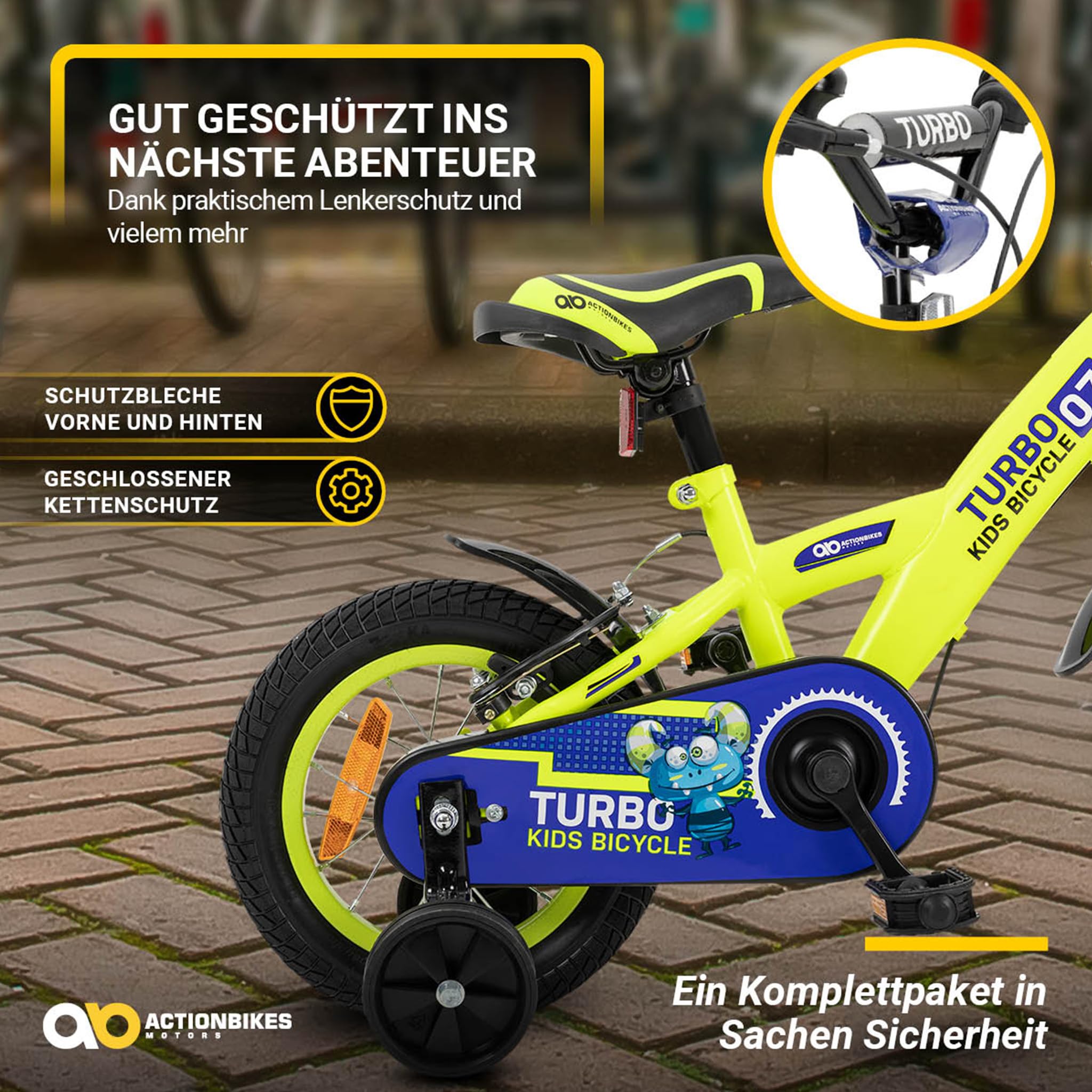 Actionbikes Kinderfahrrad Turbo | 12 16 Zoll - V-Brake Bremsen - Fahrrad für Kinder von 2-7 Jahren - Schutzblech v. / h - Kinder Fahrrad für Mädchen & Jungen - Fahrräder - Bicycle - Kinderrad - Bike