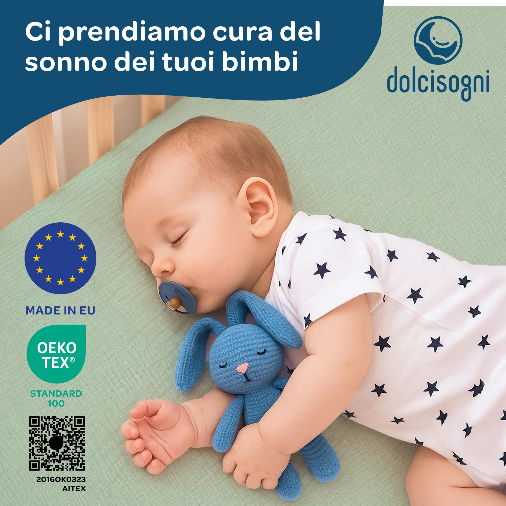 DOLCI SOGNI - Set Lenzuola Lettino 70x140 In Mussola Di Cotone Con Angoli Elasticizzati - Lenzuola per Lettino Asilo e Brandina con Lenzuolo 70x140 - Certificato Oeko-TEX - 1 x Sabbia + 1 x Menta