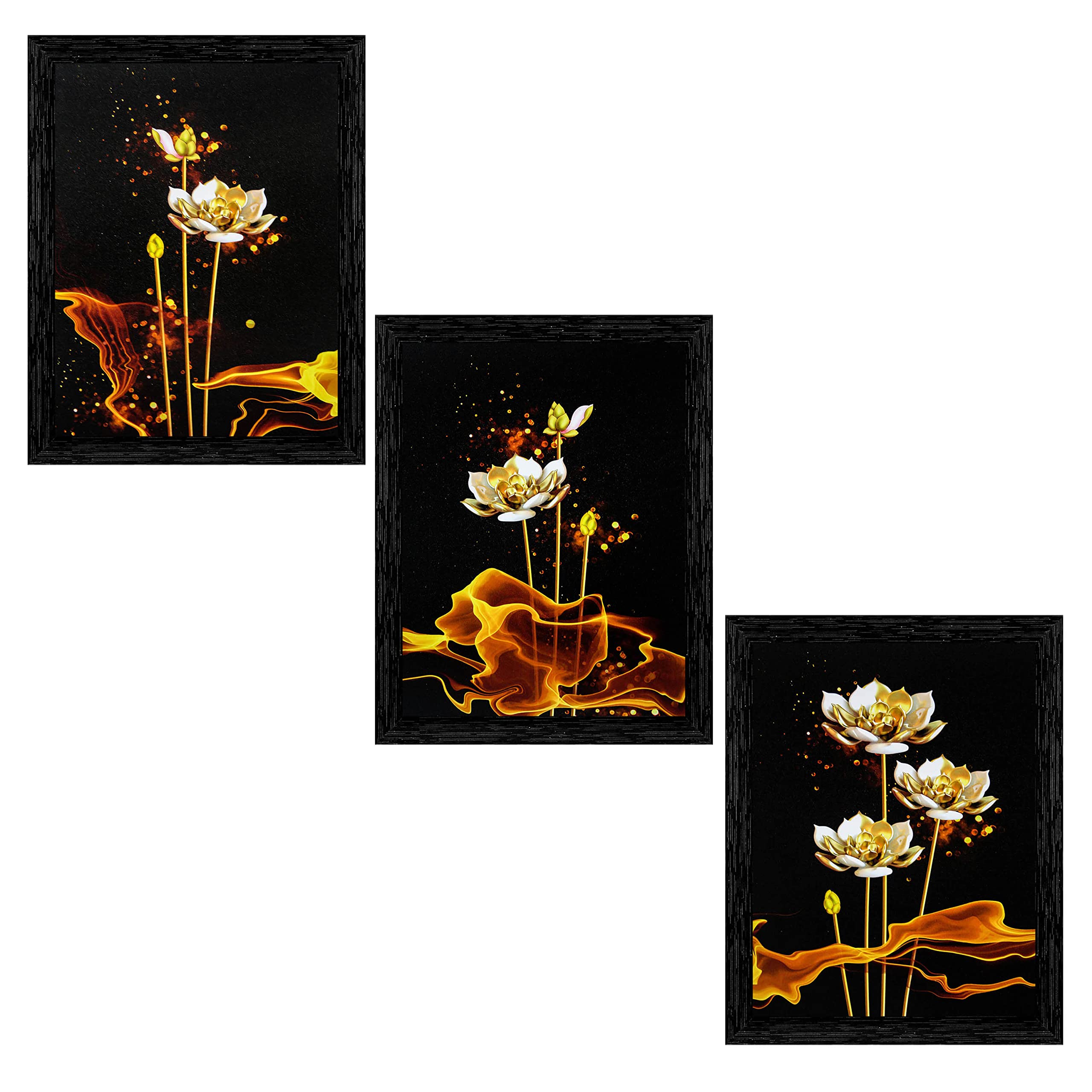 IndianaraSet of 3 Golden Flowers Framed Art Painting (3914BK) without glass 10.2 X 13, 10.2 X 13, 10.2 X 13 INCH