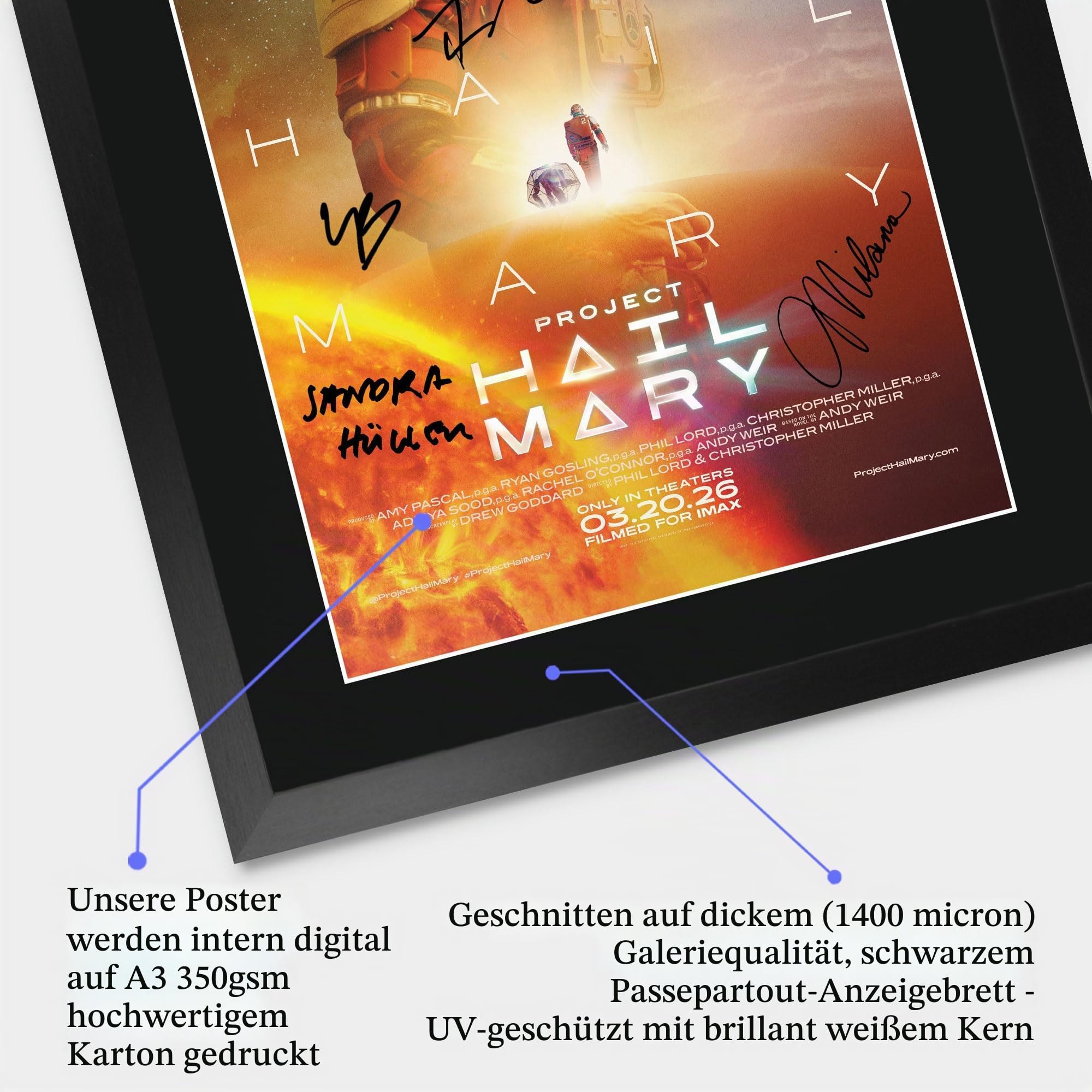 HWC Trading Project Hail Mary Geschenke Geduckter Poster Signiertes Autogramm Foto für Fans von Film Memorabilien - A3 Gerahmt (ID-006209)