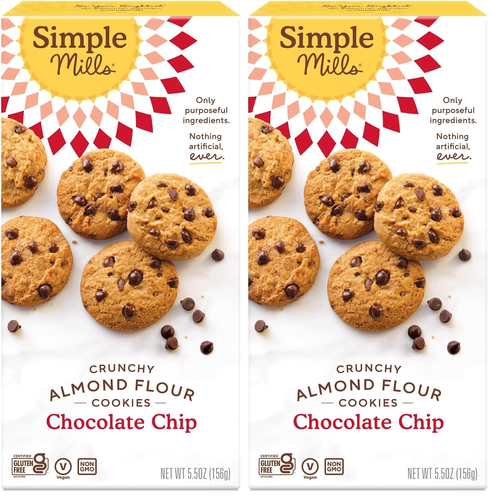 Simple Mills Almond Flour Crunchy Cookies, Chocolate Chip - Gluten Free, Vegan, Healthy Snacks, Made with Organic Coconut Oil, 5.5 Ounce (Pack of 2)