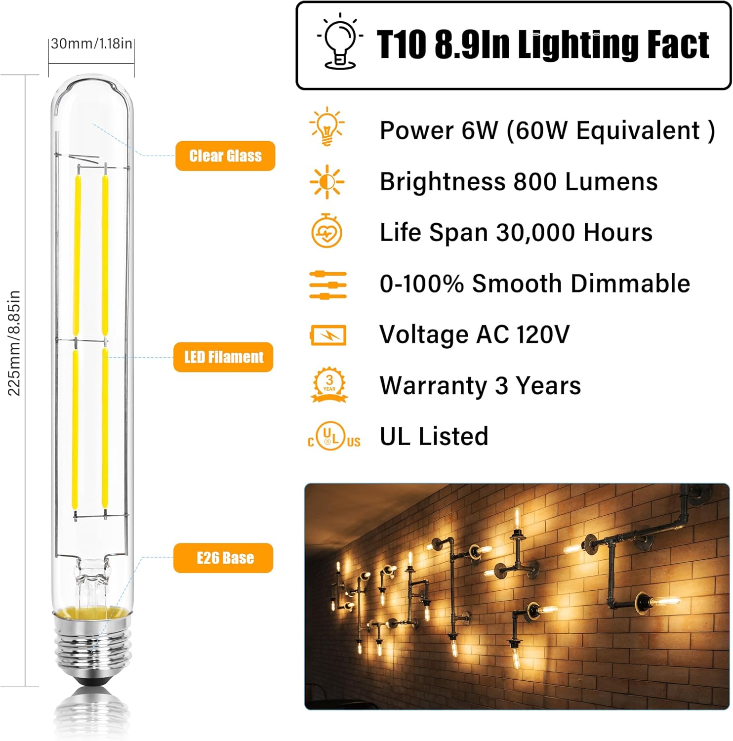 8.9IN LED Light Bulbs E26 Base, 6W 800LM 2700K Soft White T10 T9 Vintage Edison Bulbs Dimmable, AC 120V Equal 80 Watt Clear Glass Long Tubular Filament Bulb, UL Certified - 4Pack