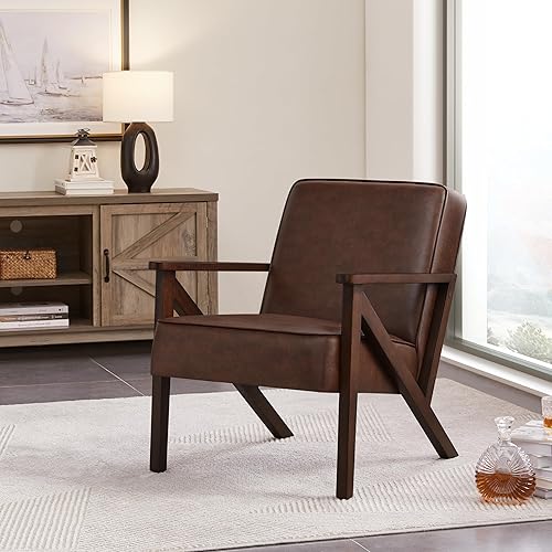Miniatura 3 de Yaheetech Accent Chair PU Leather Armchair with Strong Wood Frame Modern Retro Mid Century Upholstered Lounge Chair for Living