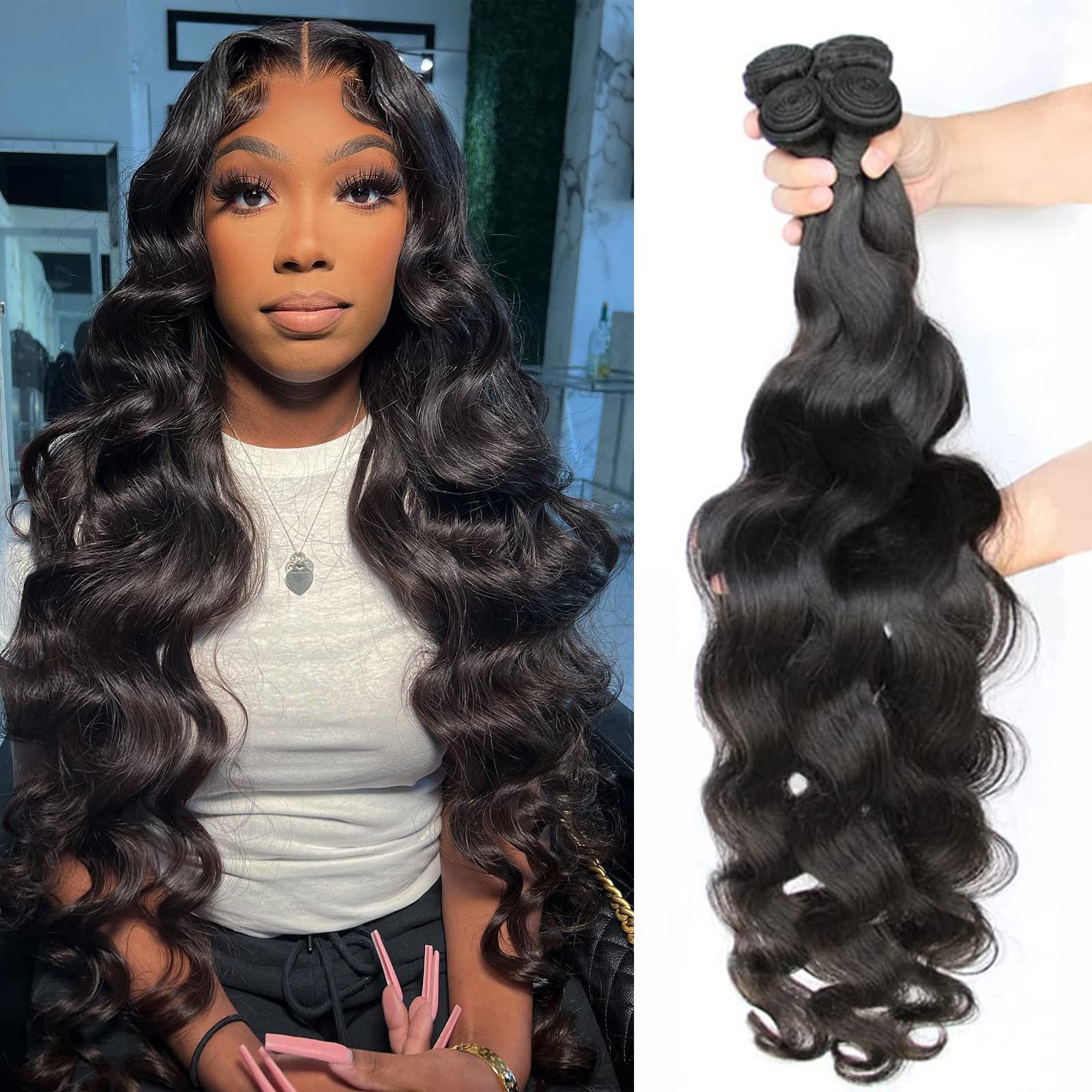 Beauty Queen Body Wave Bundles Human Hair (24-30 Inch) 10A Grade 100% Unprocessed Brazilian Hair Wavy Hair Bundles Natural Black Long Hair Extensions