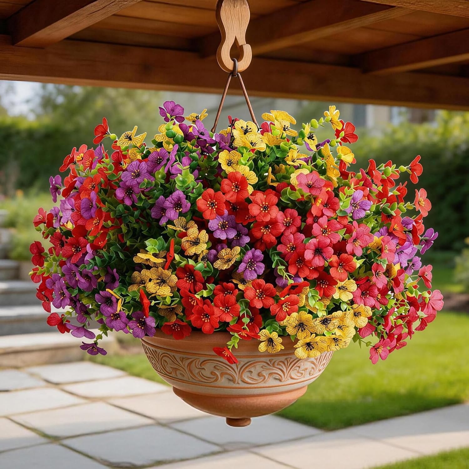 Artificial Flowers for Outdoor, UV Resistant Faux Silk Flowers, 12 Pcs Total with 4 Vibrant Colors, Waterproof Lifelike Blooms for Garden, Porch, Patio, Balcony and Planter Box Decoration
