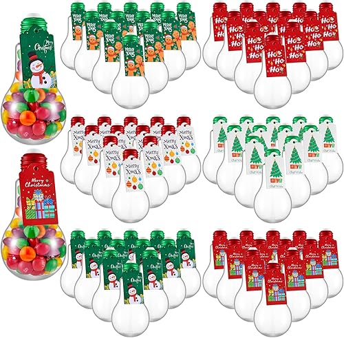 Tessco 48 tarros de plástico de Navidad con tarjeta y cuerda, 3.4 onzas, 3.4 fl oz, transparente, rellenable, para caramelos, bombillas de plástico disponible en Yaxa Peru