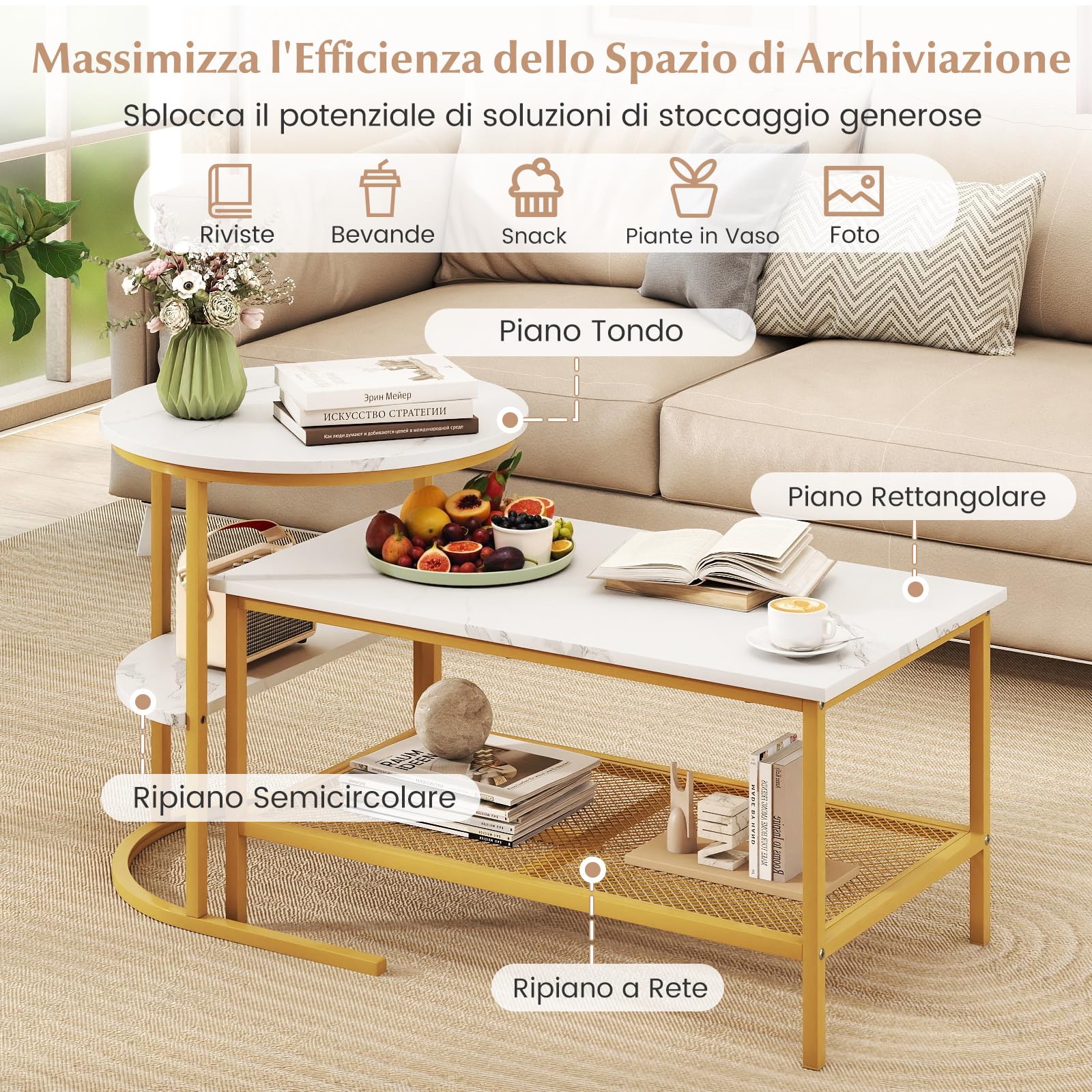 COSTWAY Set di Tavolini da Caffè Componibili, 2 in 1 Set di Tavoli Rimovibili con Piano in Marmo Sintetico, Tavolino Rotondo e Tavolino Rettangolare per Salotto e Camera da Letto (Oro)