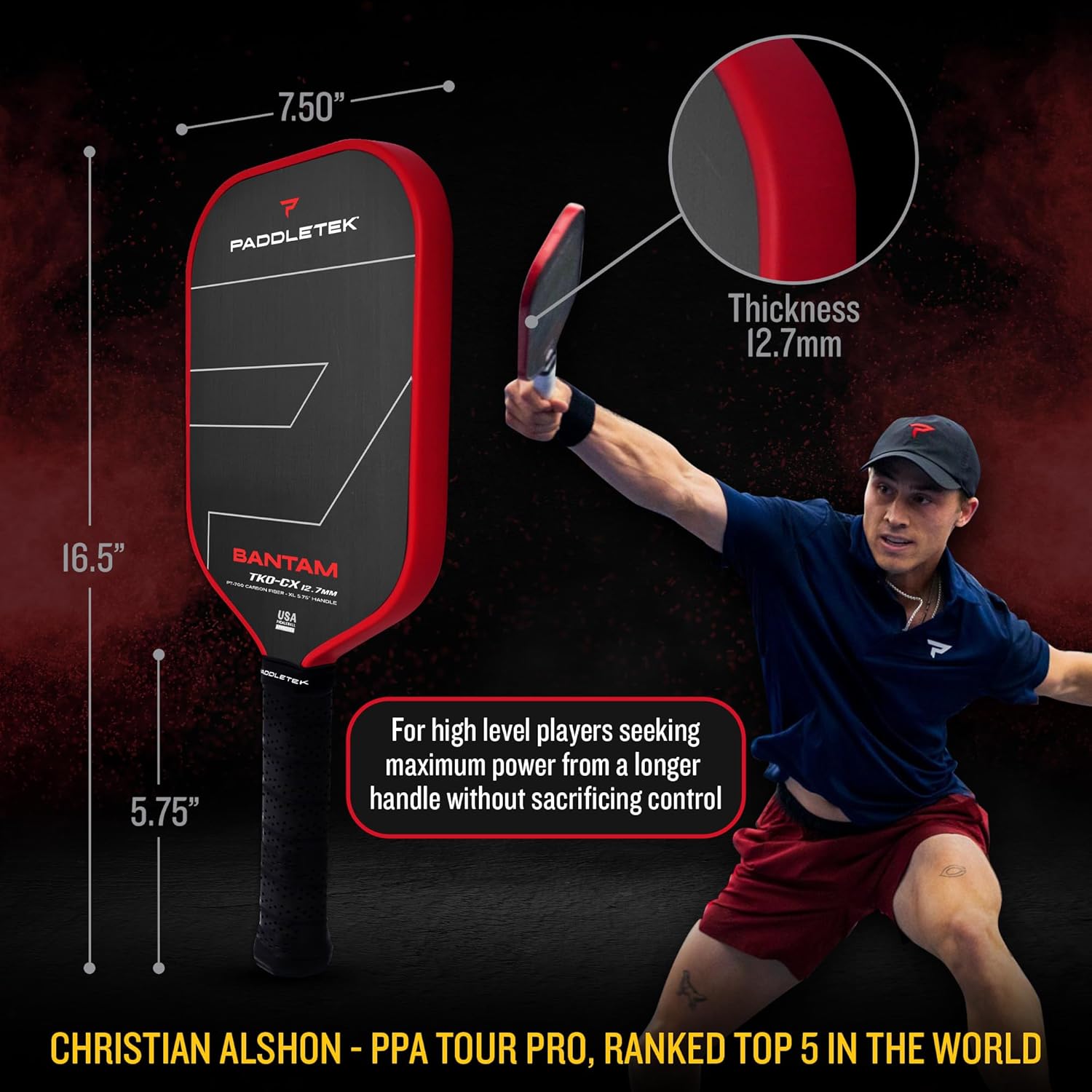 Paddletek Bantam TKO-CX 12.7mm Pickleball Paddles with Polymer Honeycomb Core - Unidirectional Carbon Fiber – Torsional Weighting & High Tack Performance Grip - USAPA Approved - 5.75 Inch Handle - Image 3