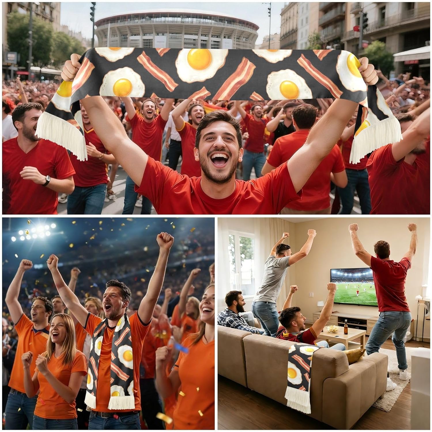 CHIFIGNO Egg Bacon Black Sports Fan Scarf Towel, Soft Absorbent Polyester Scarf for Soccer Games, Quick Dry Cheering Banner