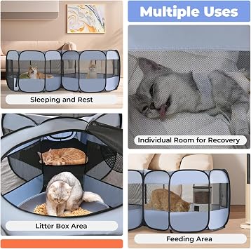 2-in-1 Dog Playpen, Pop Up Cat Puppy Pet Playpen, Indoor Outdoor Cats Enclosed, Cat Tent Crate Cage Kennel, Portable Playpen for Kitten and Small Animals(No Divider, Unified Space)