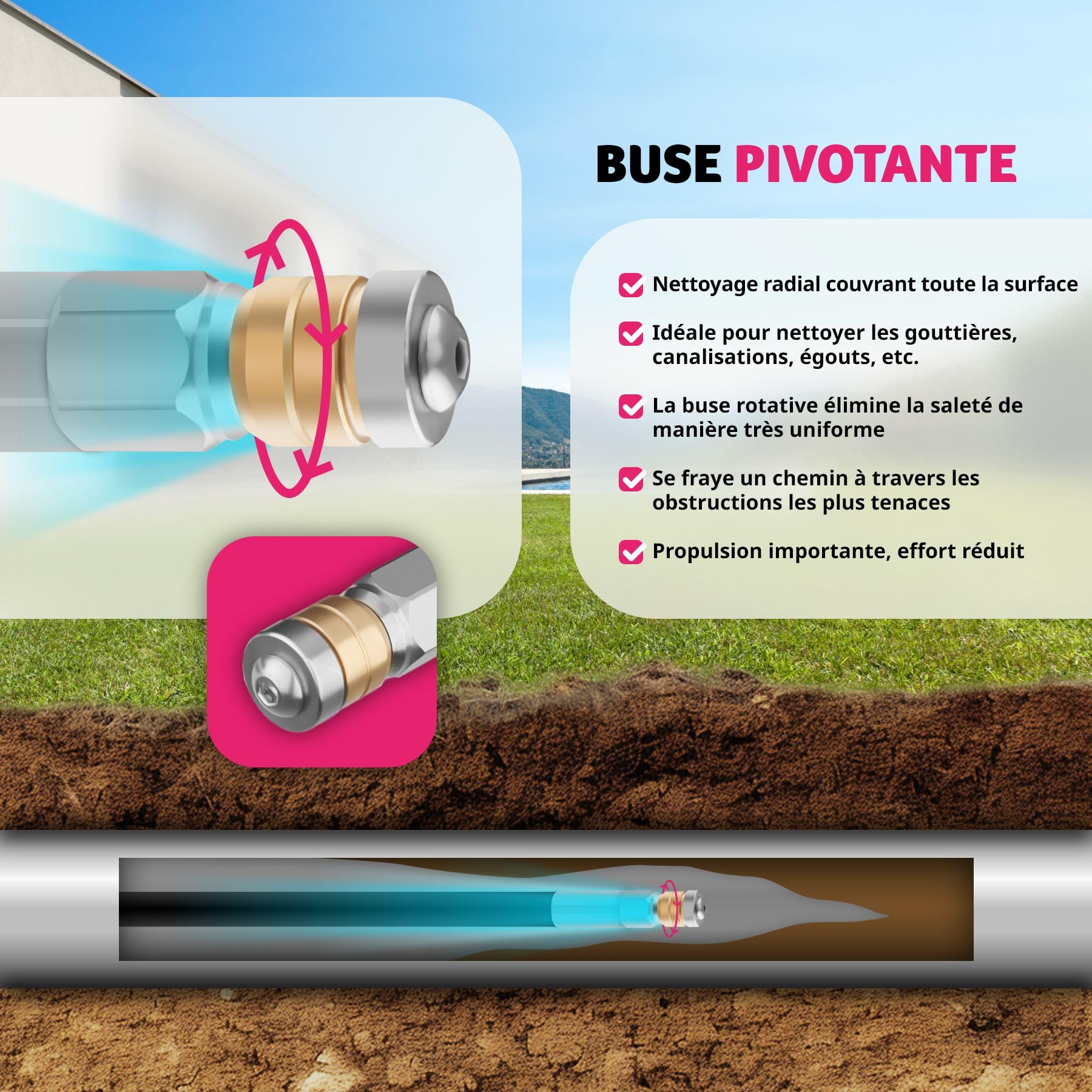 tectake® Set de Tuyau fléxible 30m pour nettoyeurs haute-pression Déboucheur canalisation Déboucheur Evier WC Douche avec 2 buses & 3 adaptateurs, Accessoires nettoyeurs haute pression