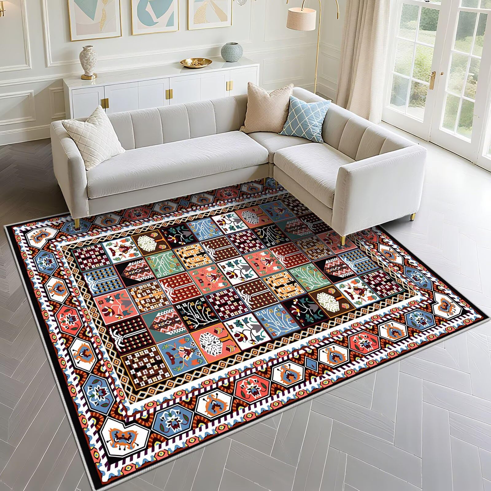 Tapis bleu 120x160cm lavable pour en finir avec les sols ternes de salon et couloir